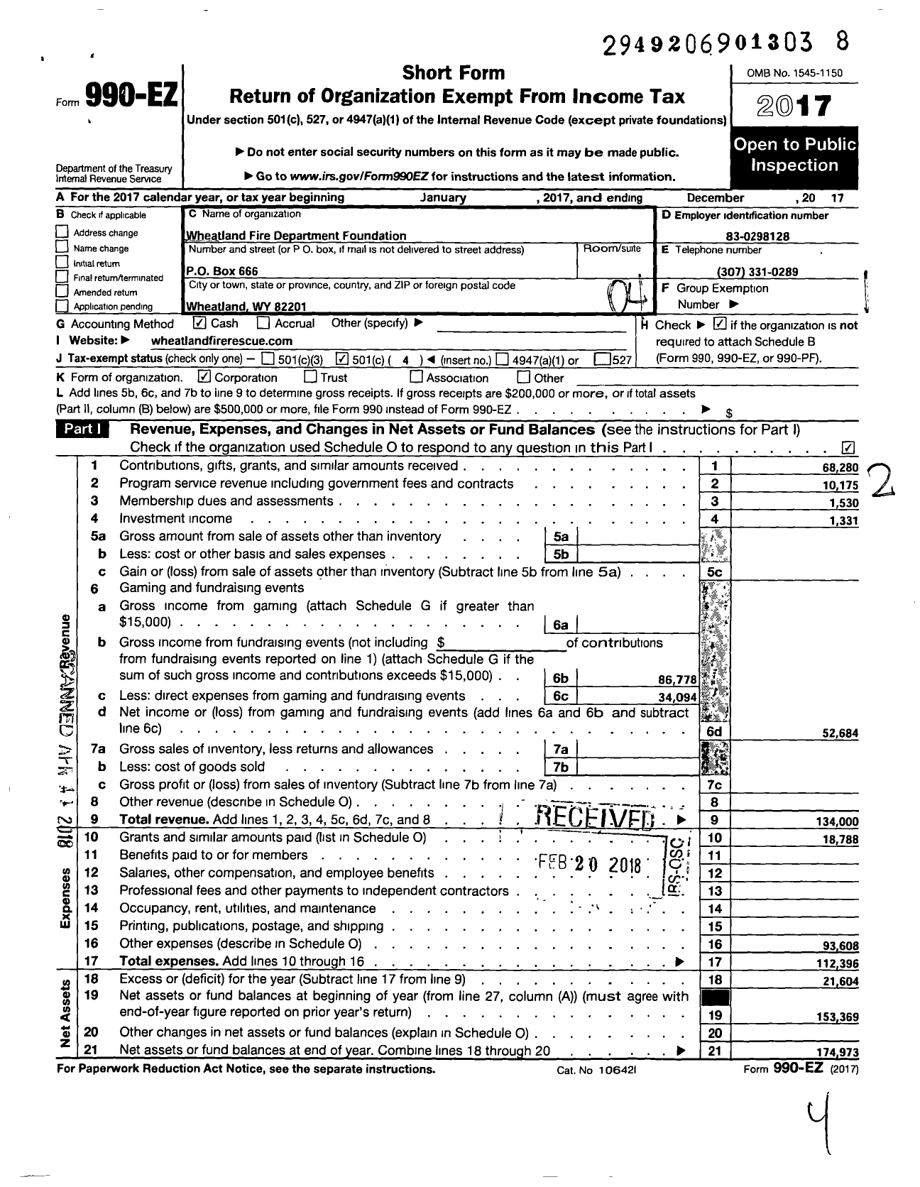 Image of first page of 2017 Form 990EO for Wheatland Fire Department Foundation