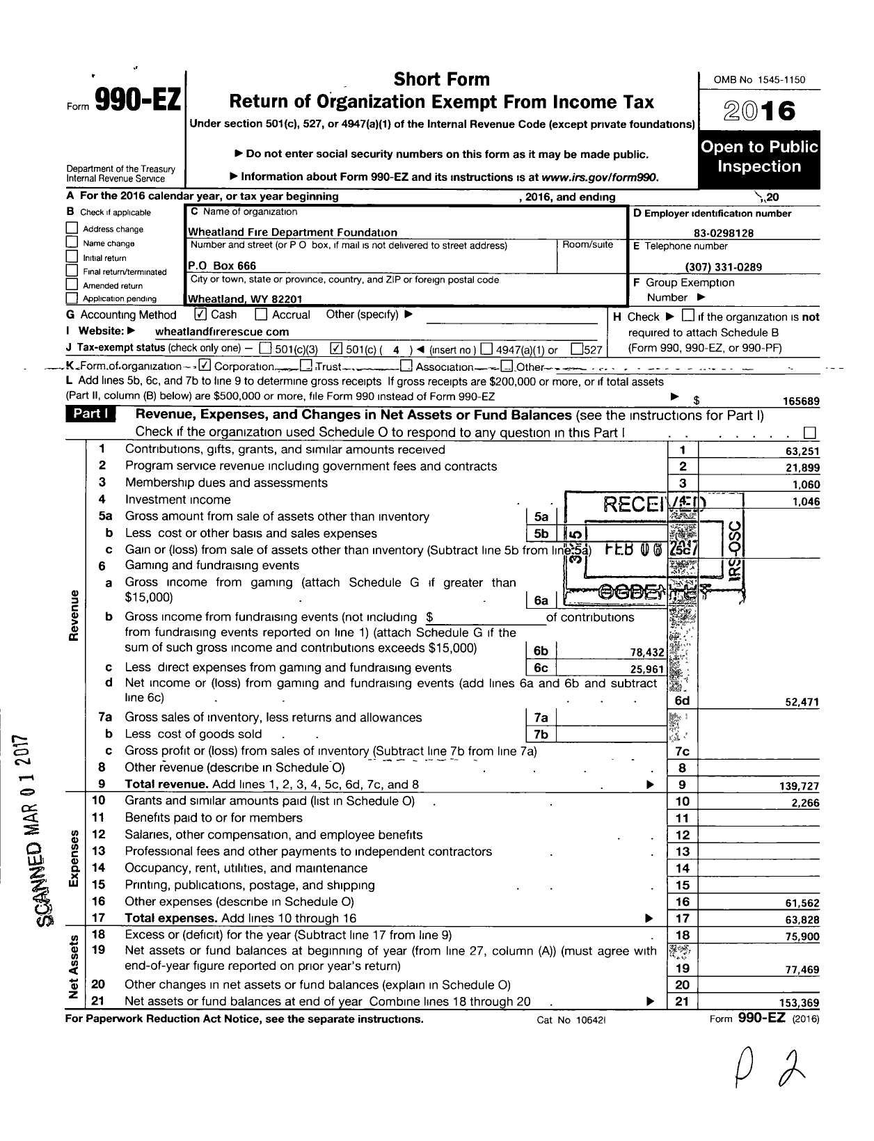 Image of first page of 2016 Form 990EO for Wheatland Fire Department Foundation