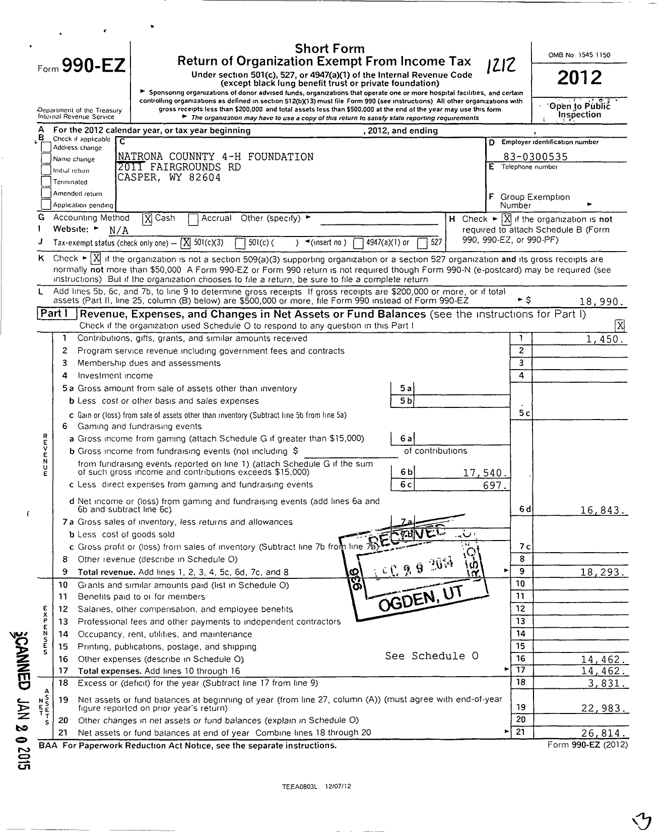 Image of first page of 2012 Form 990EZ for Natrona County 4-H Foundation