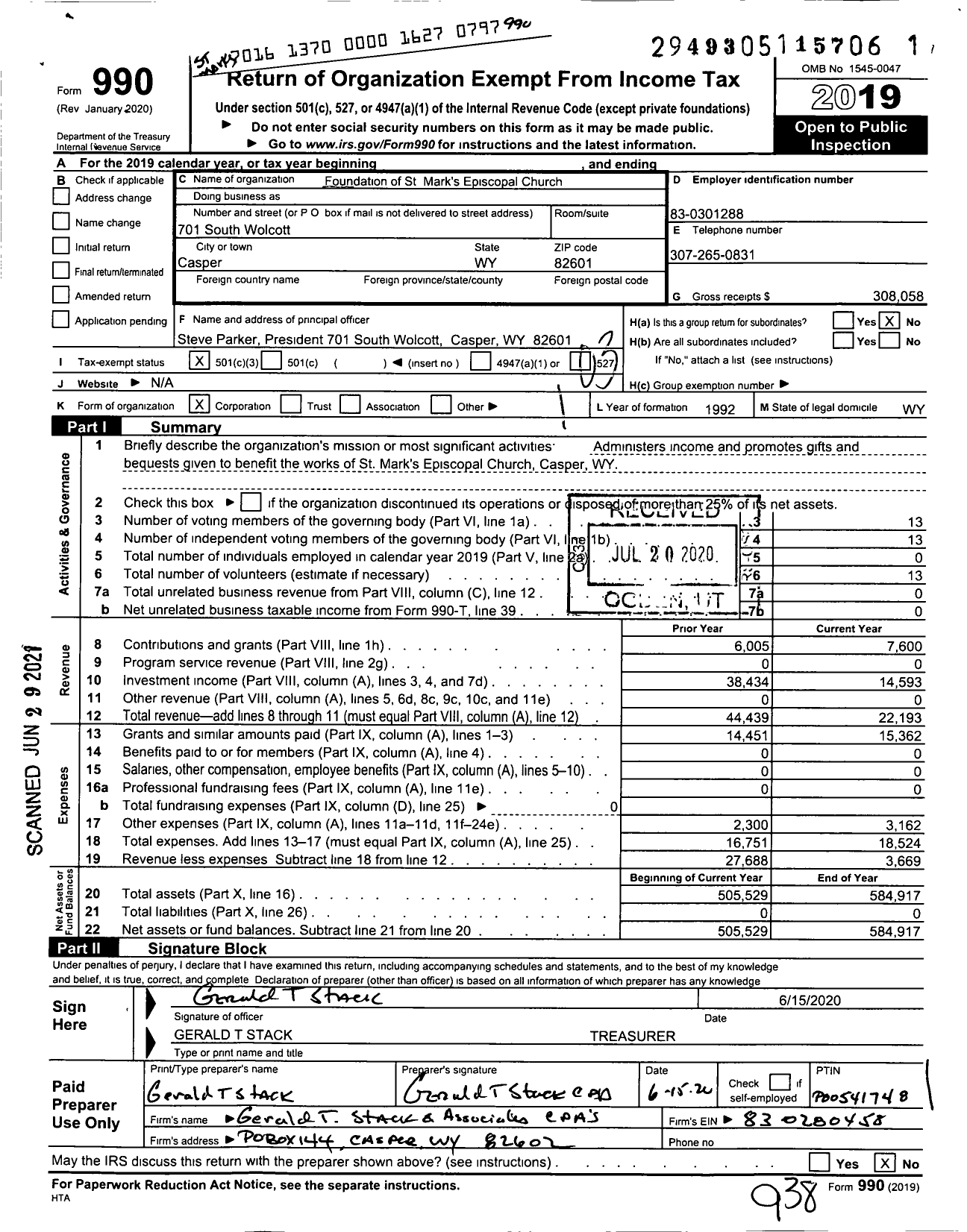 Image of first page of 2019 Form 990 for Foundation of St Mark's Episcopal Church