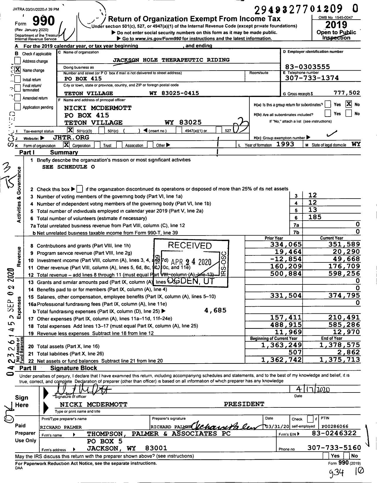 Image of first page of 2019 Form 990 for Jackson Hole Therapeutic Riding