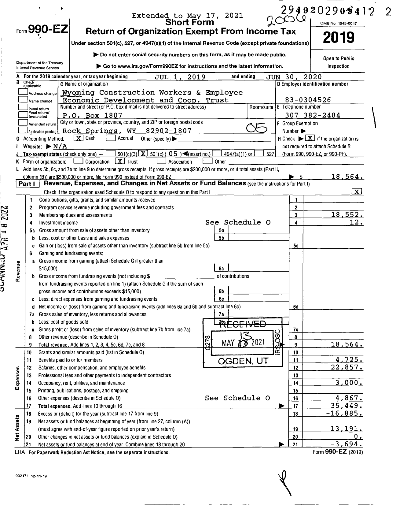 Image of first page of 2019 Form 990EO for Wyoming Construction Workers & Employers Economic Development and Coop Trust