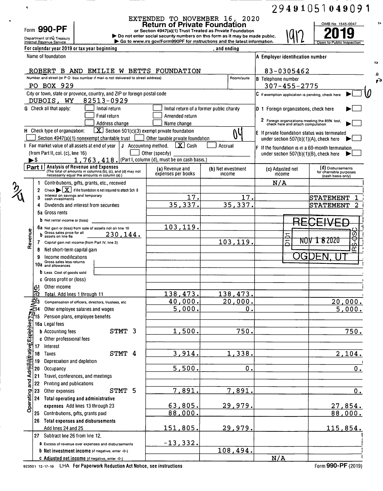 Image of first page of 2019 Form 990PF for Robert B and Emilie W Betts Foundation