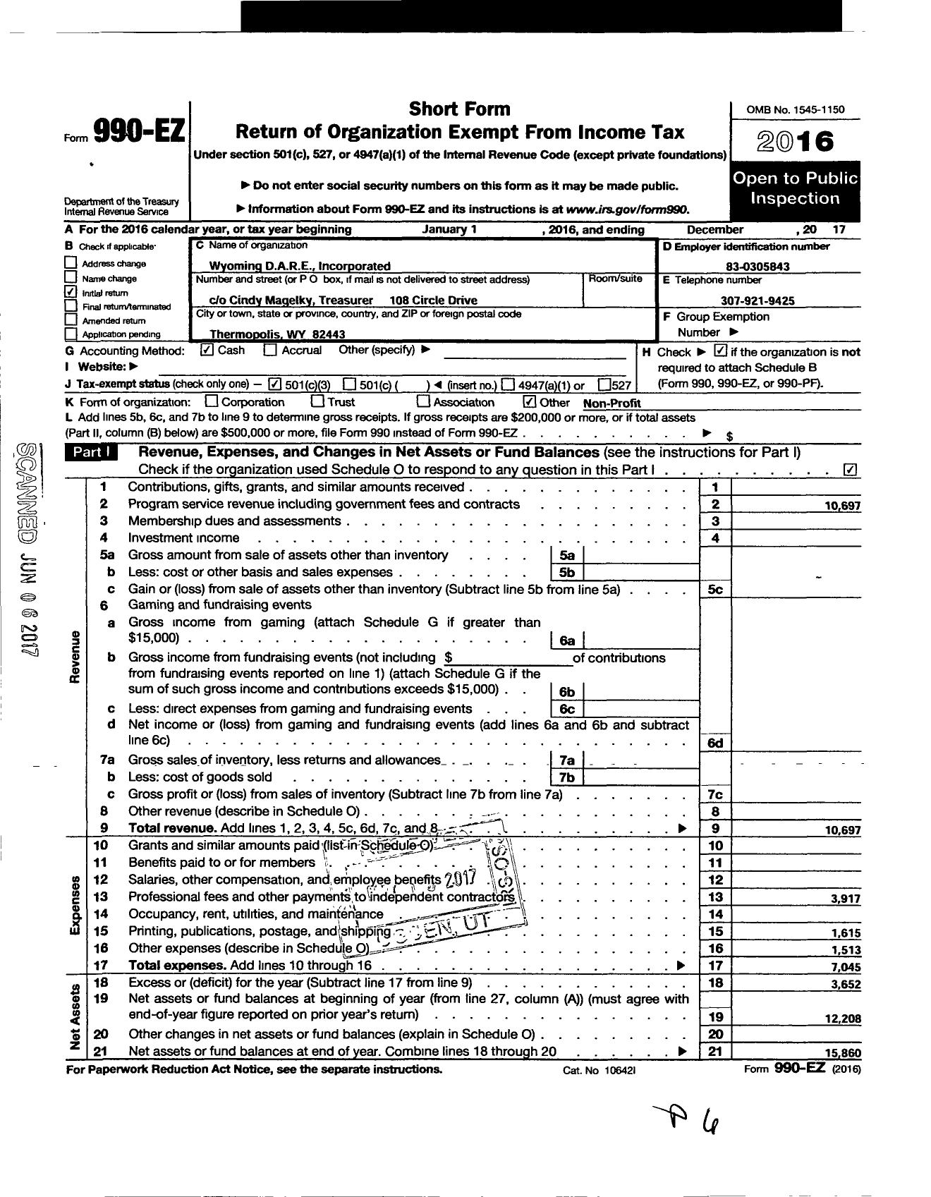 Image of first page of 2017 Form 990EZ for Wyoming D A R E Incorporated