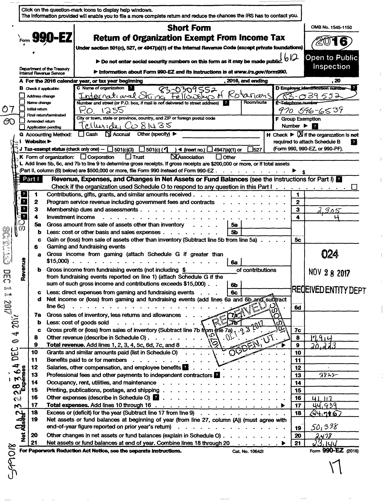 Image of first page of 2016 Form 990EO for International Skiing Fellowship of Rotarians