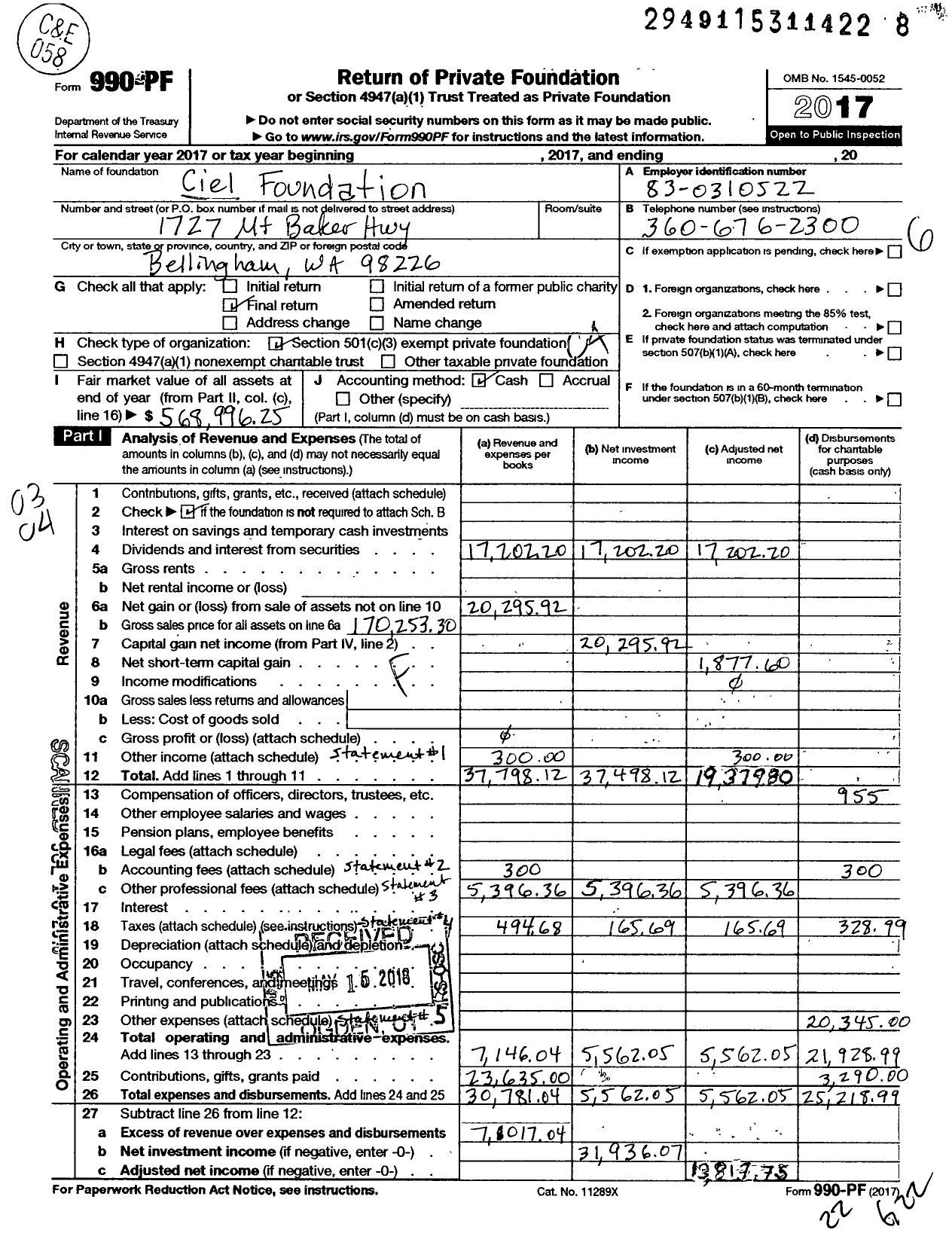 Image of first page of 2017 Form 990PF for The Ciel Foundation