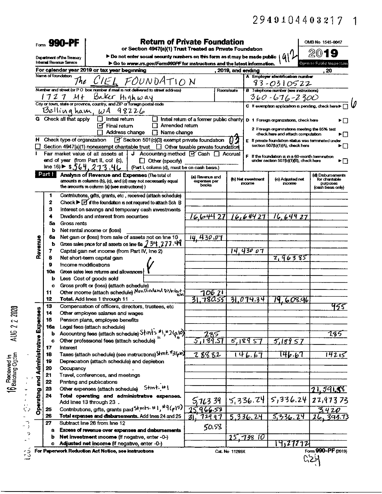 Image of first page of 2019 Form 990PF for The Ciel Foundation