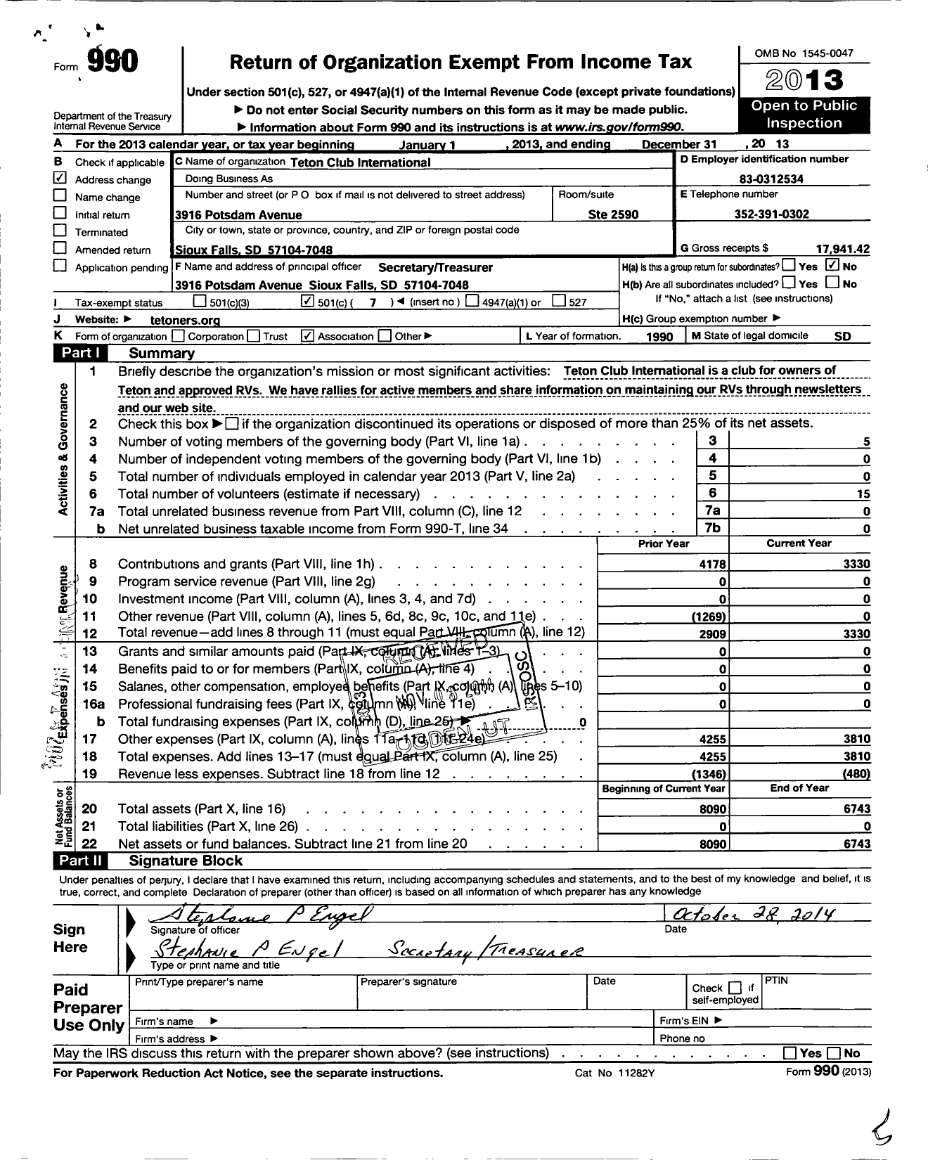 Image of first page of 2013 Form 990O for Family Motor Coach Association