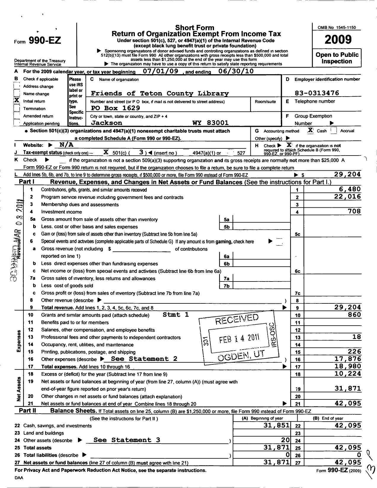 Image of first page of 2009 Form 990EZ for Friends of Teton County Library