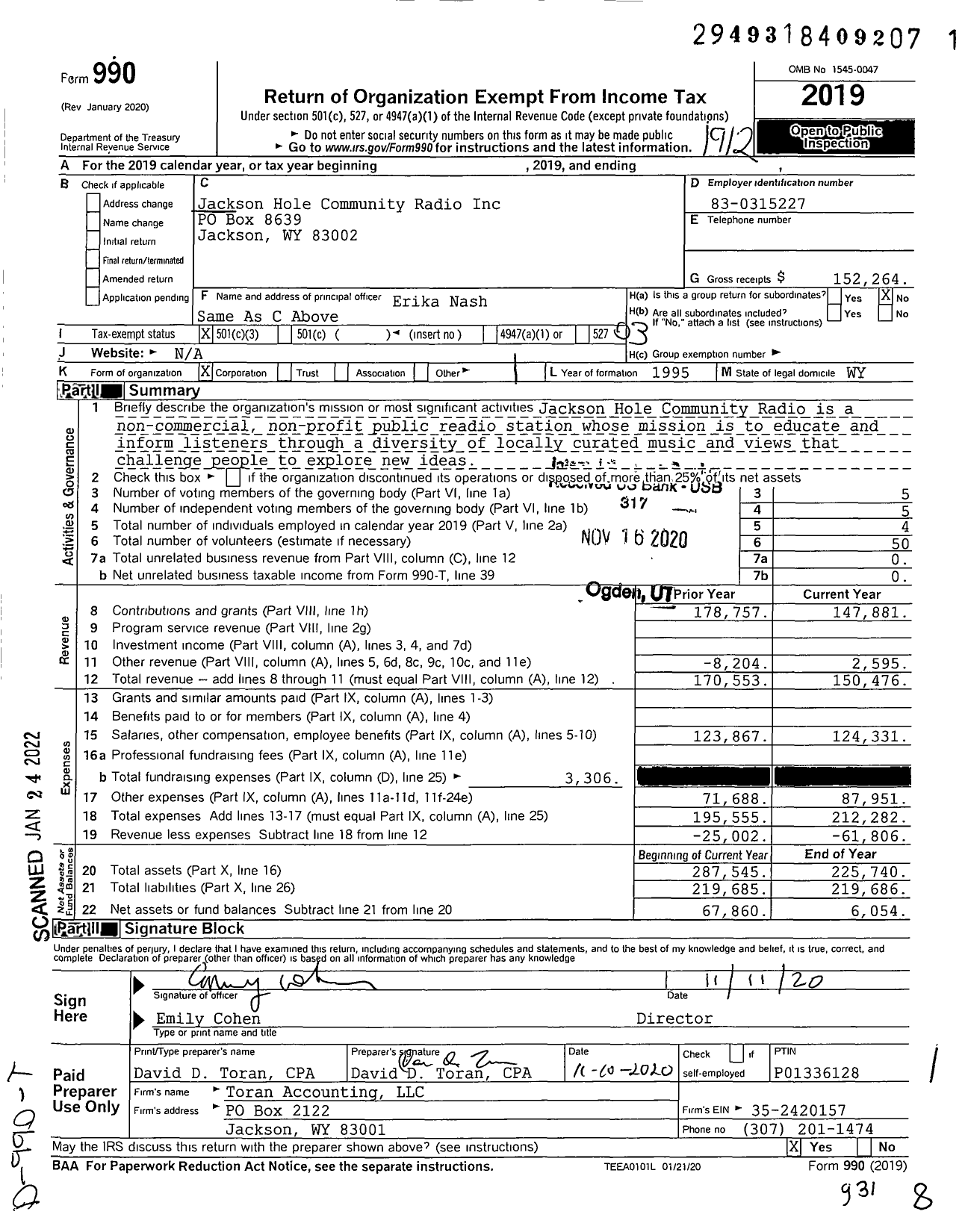 Image of first page of 2019 Form 990 for Jackson Hole Community Radio