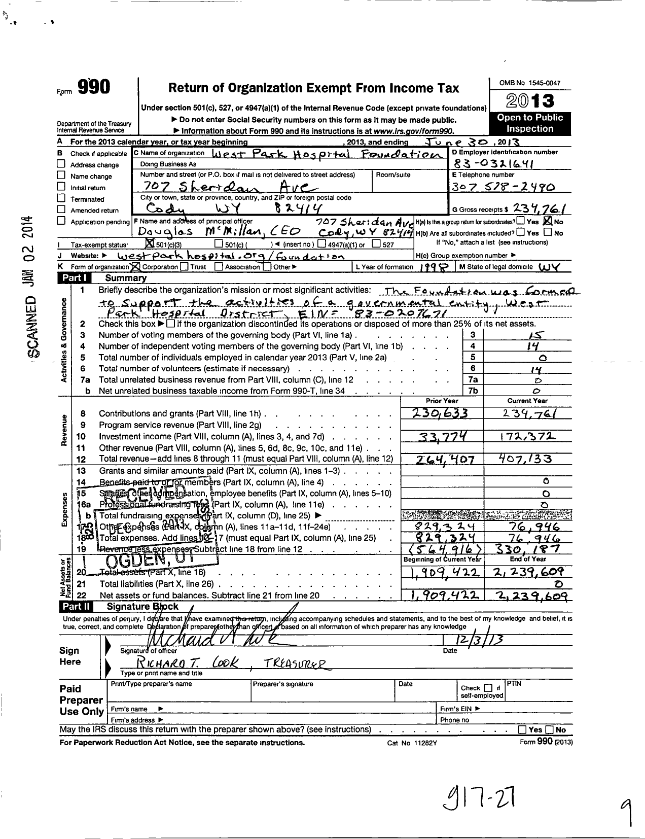 Image of first page of 2012 Form 990 for West Park Hospital Foundation
