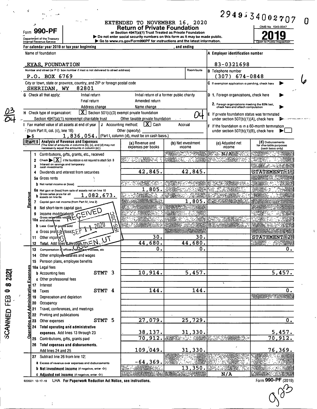 Image of first page of 2019 Form 990PF for Eyas Foundation