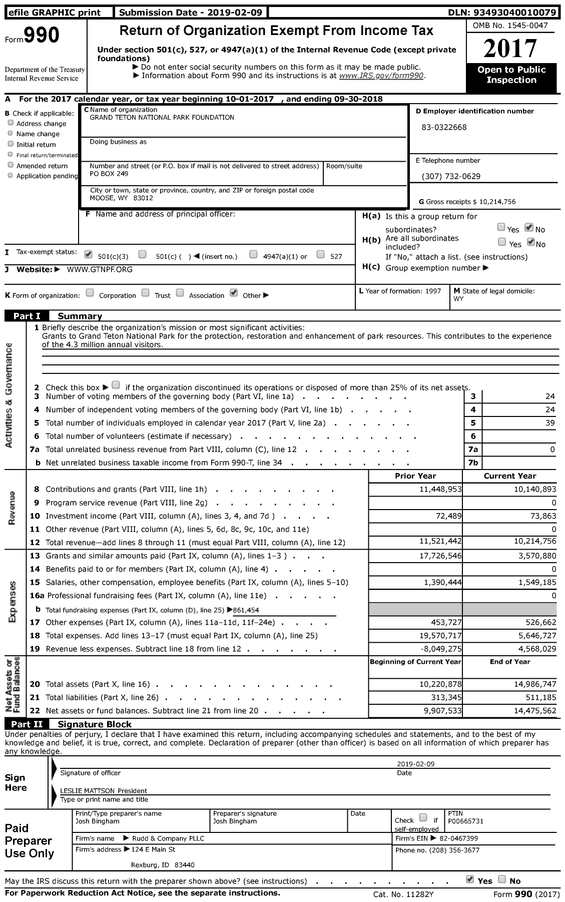 Image of first page of 2017 Form 990 for Grand Teton National Park Foundation