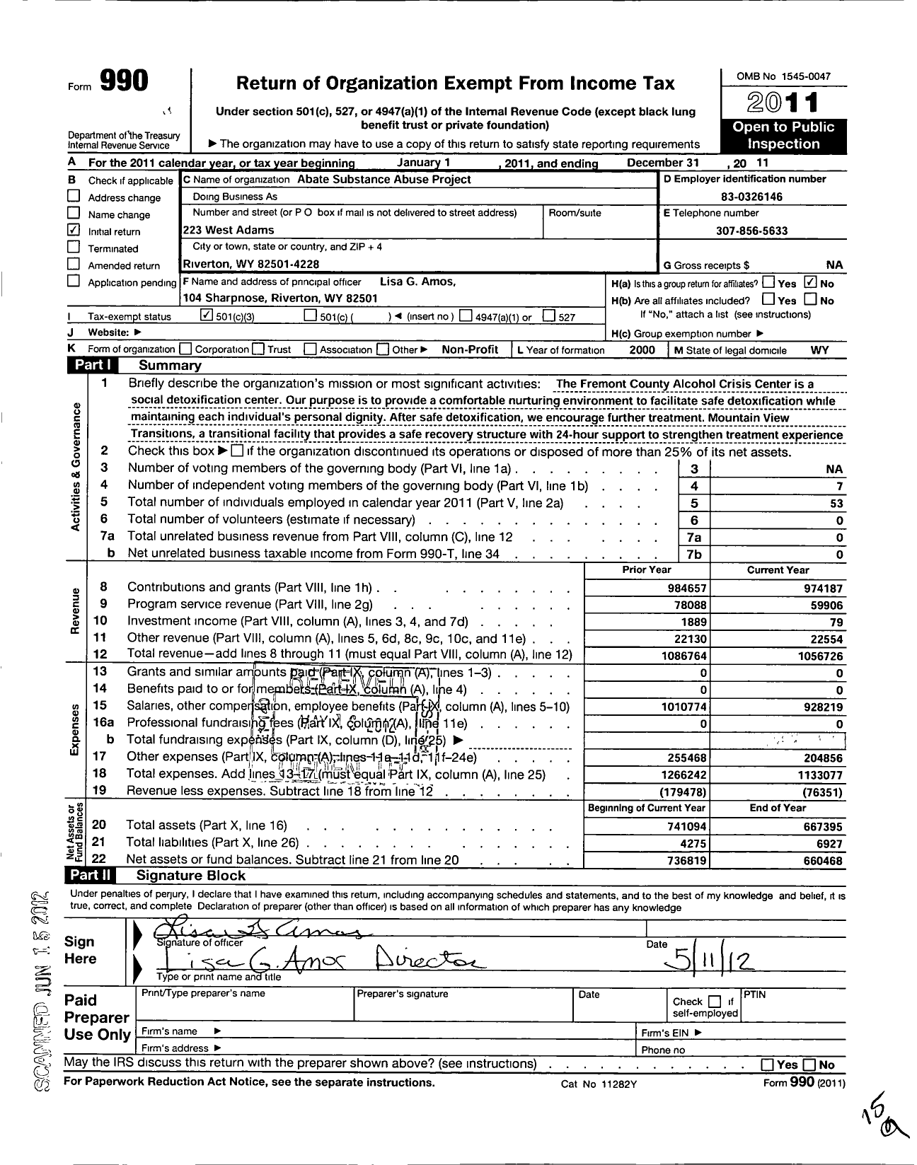 Image of first page of 2011 Form 990 for Abate Substance Abuse Project