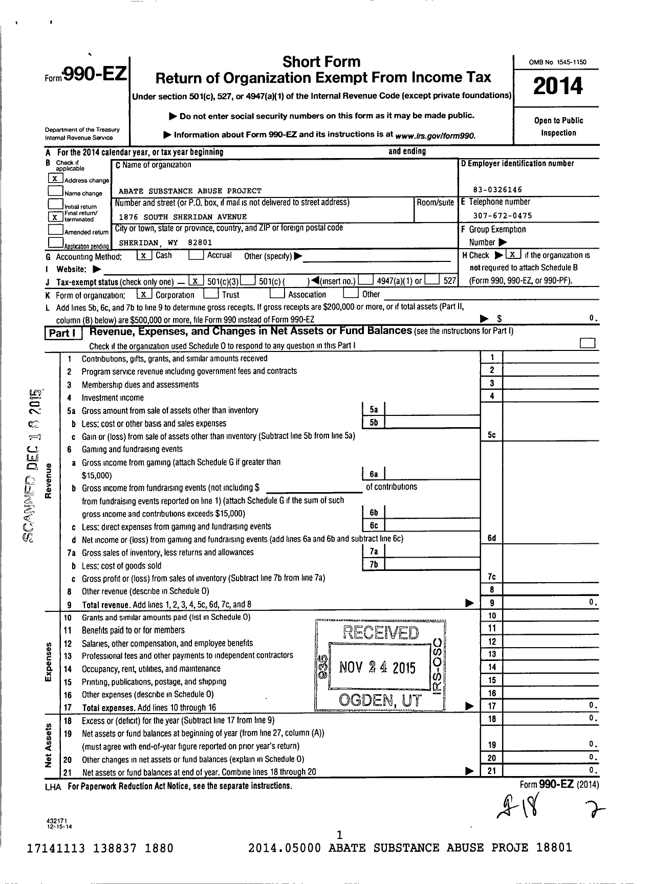 Image of first page of 2014 Form 990EZ for Abate Substance Abuse Project