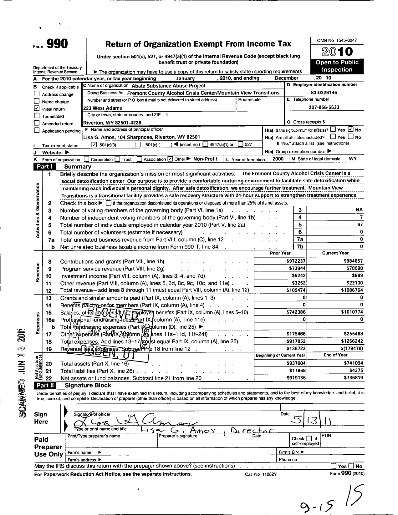 Image of first page of 2010 Form 990 for Abate Substance Abuse Project