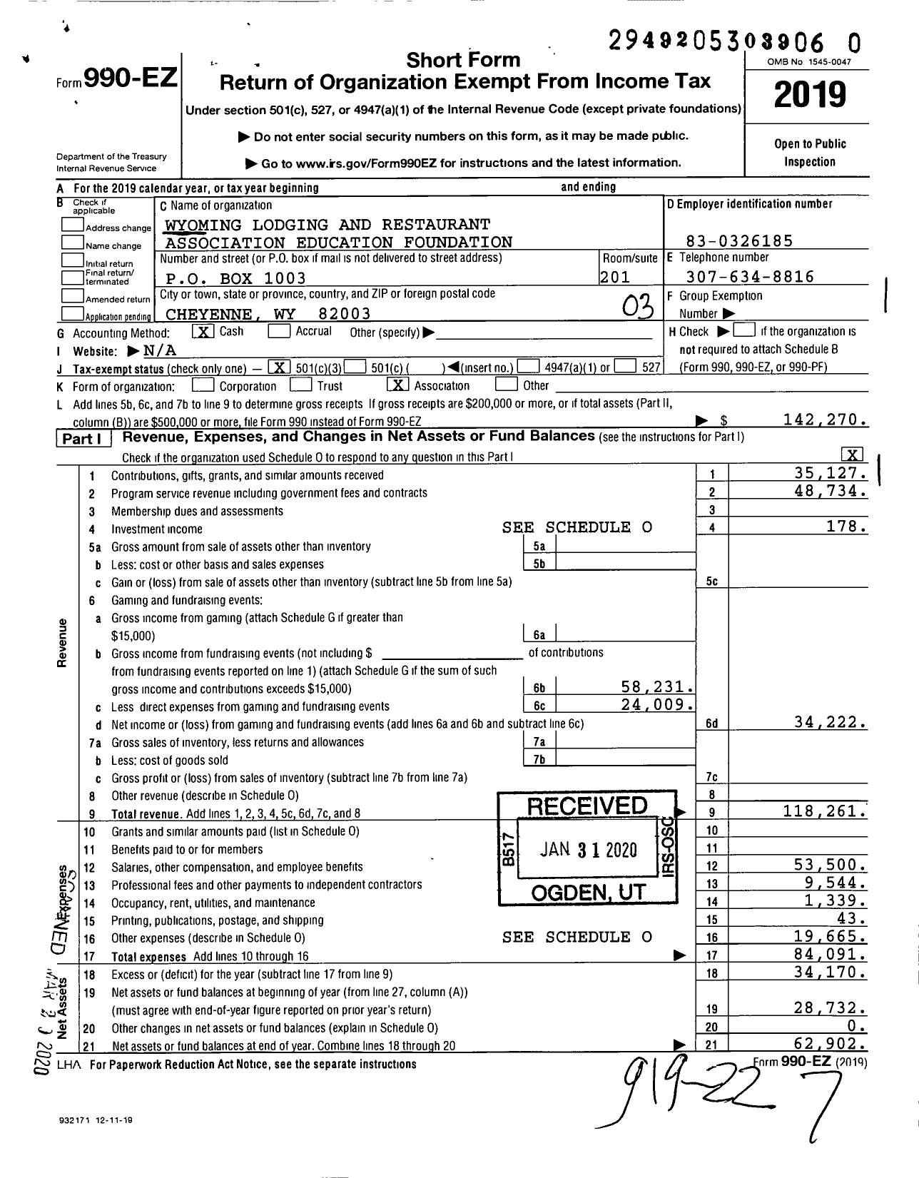 Image of first page of 2019 Form 990EZ for Wyoming Hospitality and Travel Coalition Education Foundation