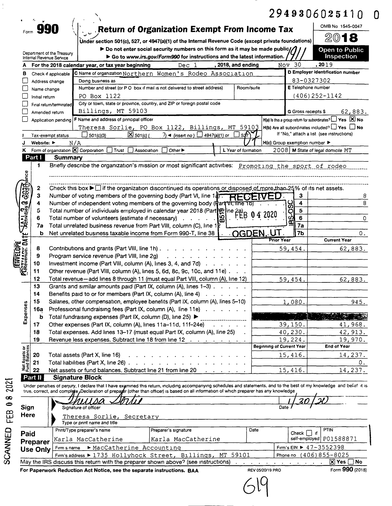 Image of first page of 2018 Form 990O for Northern Women's Rodeo Association