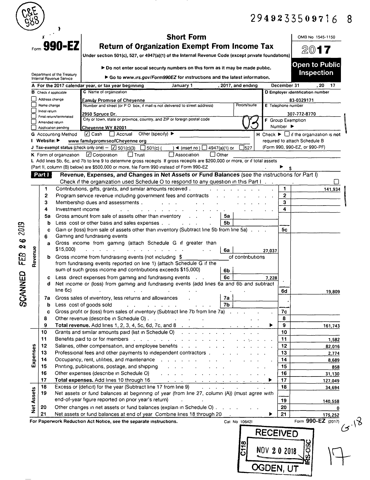 Image of first page of 2017 Form 990EZ for Family Promise of Cheyenne