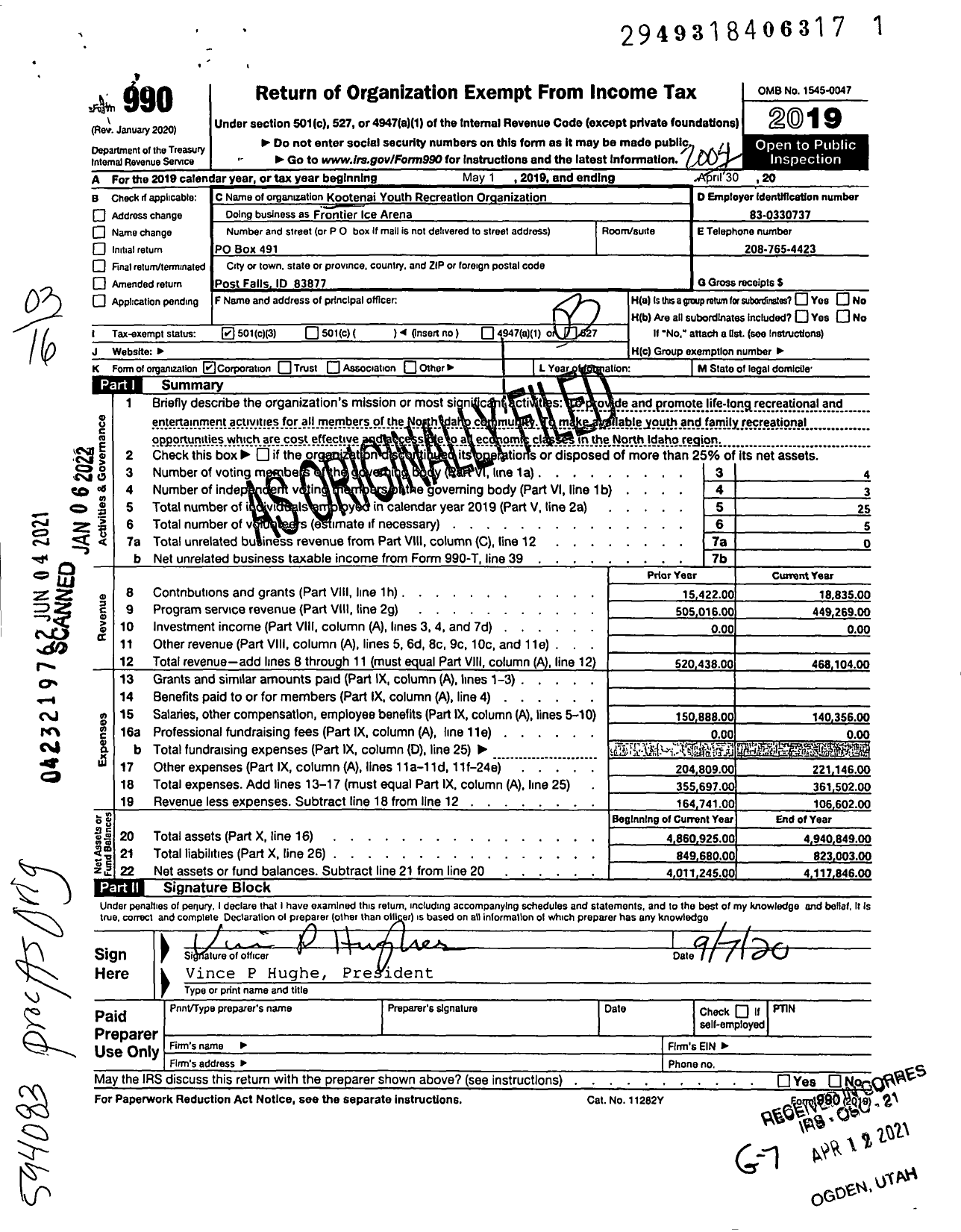 Image of first page of 2019 Form 990 for Kootenai Youth Recreation Organization