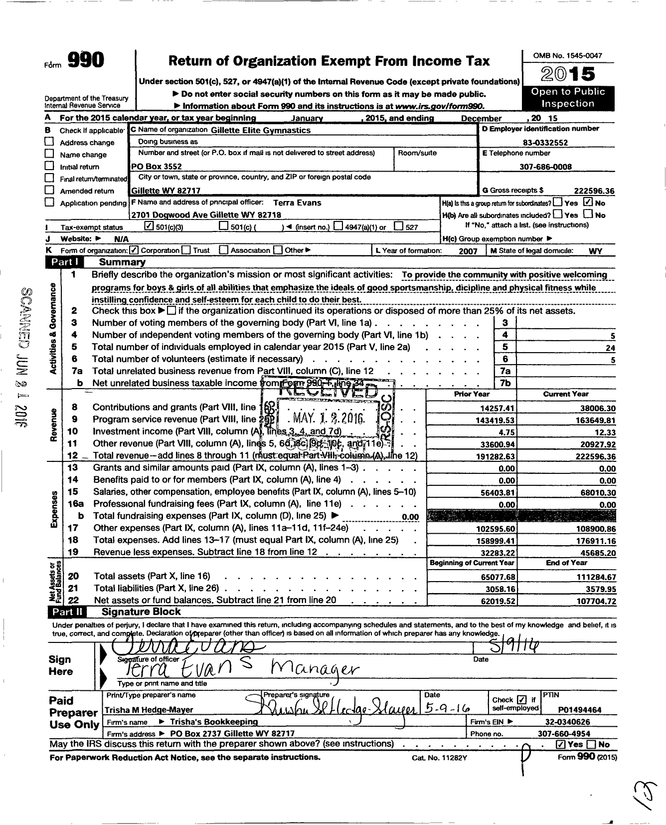 Image of first page of 2015 Form 990 for Gillette Elite Booster Club