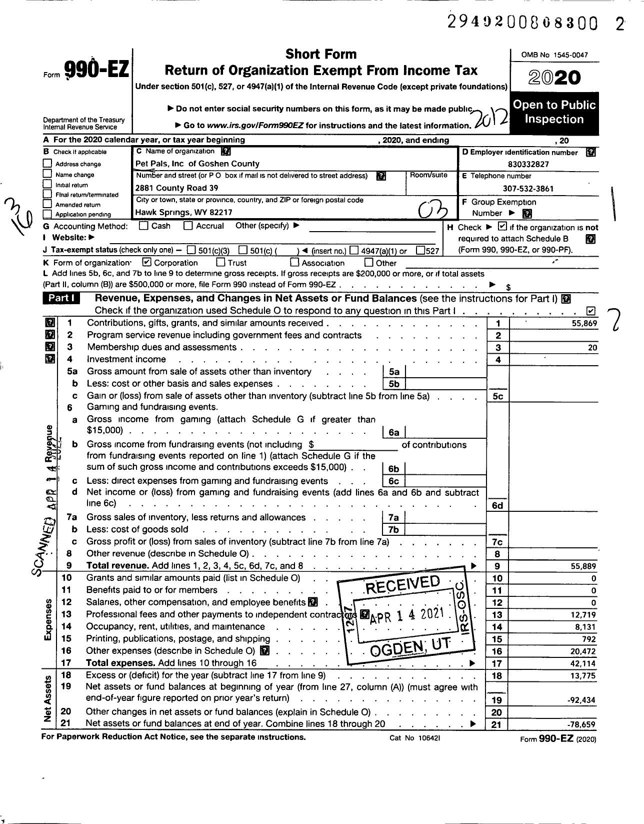 Image of first page of 2020 Form 990EZ for Pet Pals of Goshen County