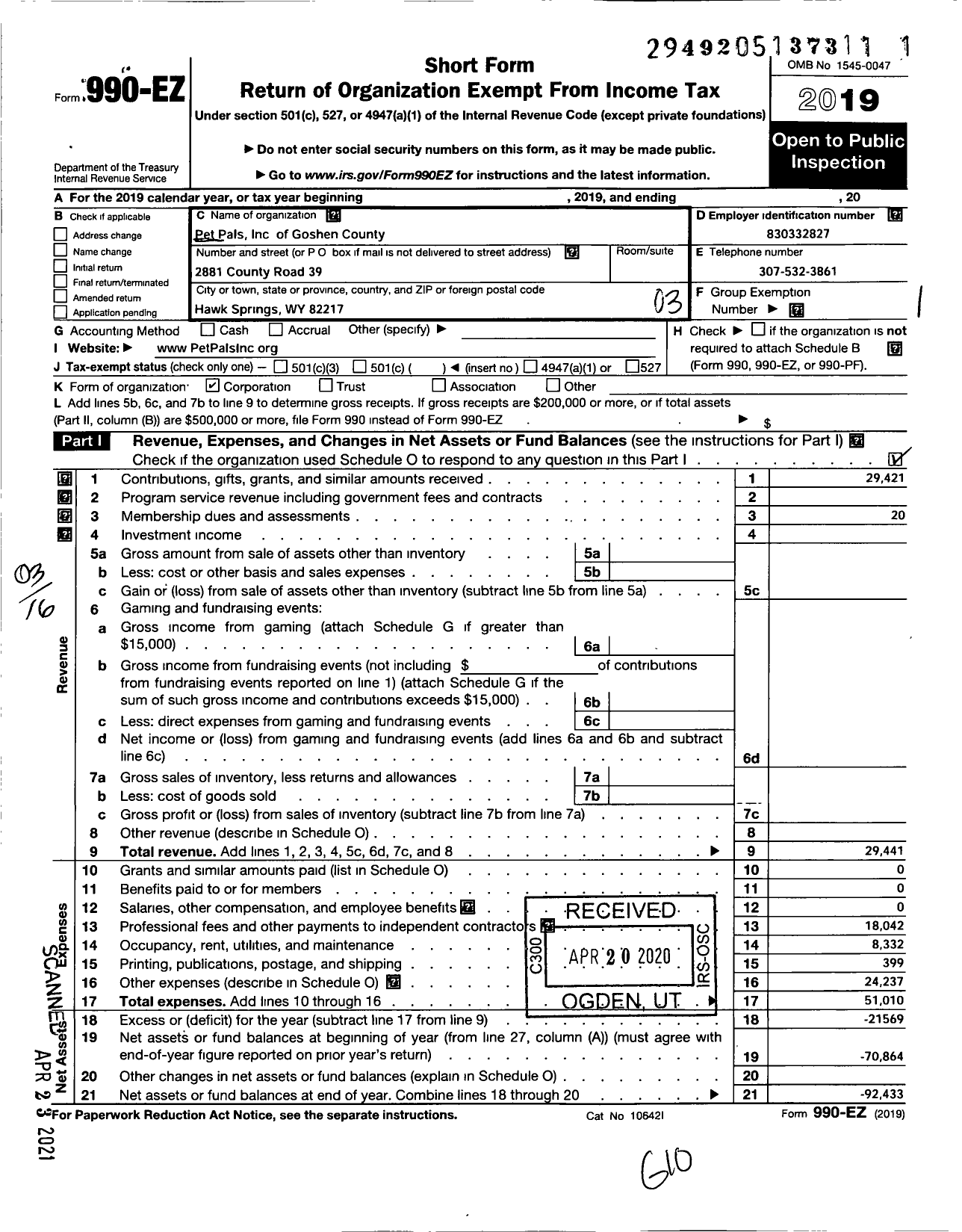 Image of first page of 2019 Form 990EZ for Pet Pals of Goshen County