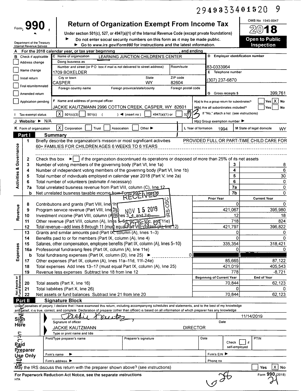 Image of first page of 2018 Form 990 for Learning Junction Children's Center