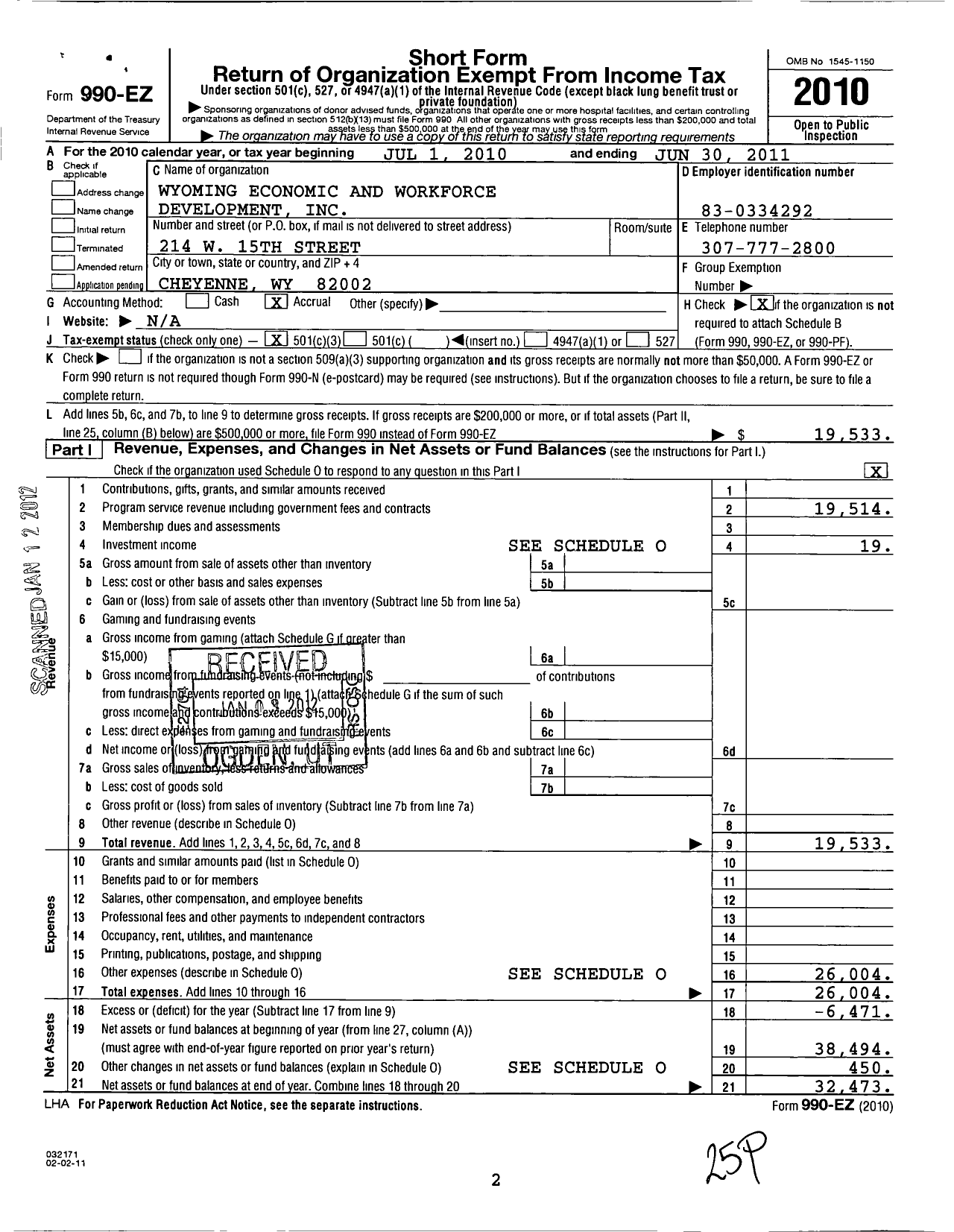 Image of first page of 2010 Form 990EZ for Wyoming Economic and Workforce Development