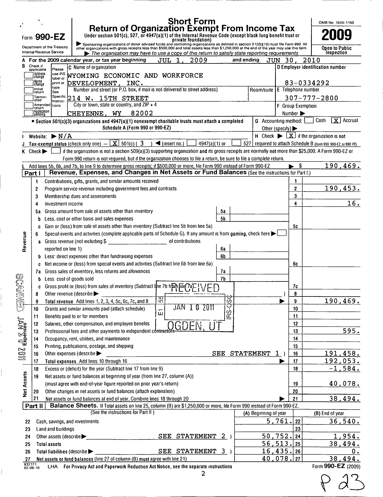 Image of first page of 2009 Form 990EZ for Wyoming Economic and Workforce Development