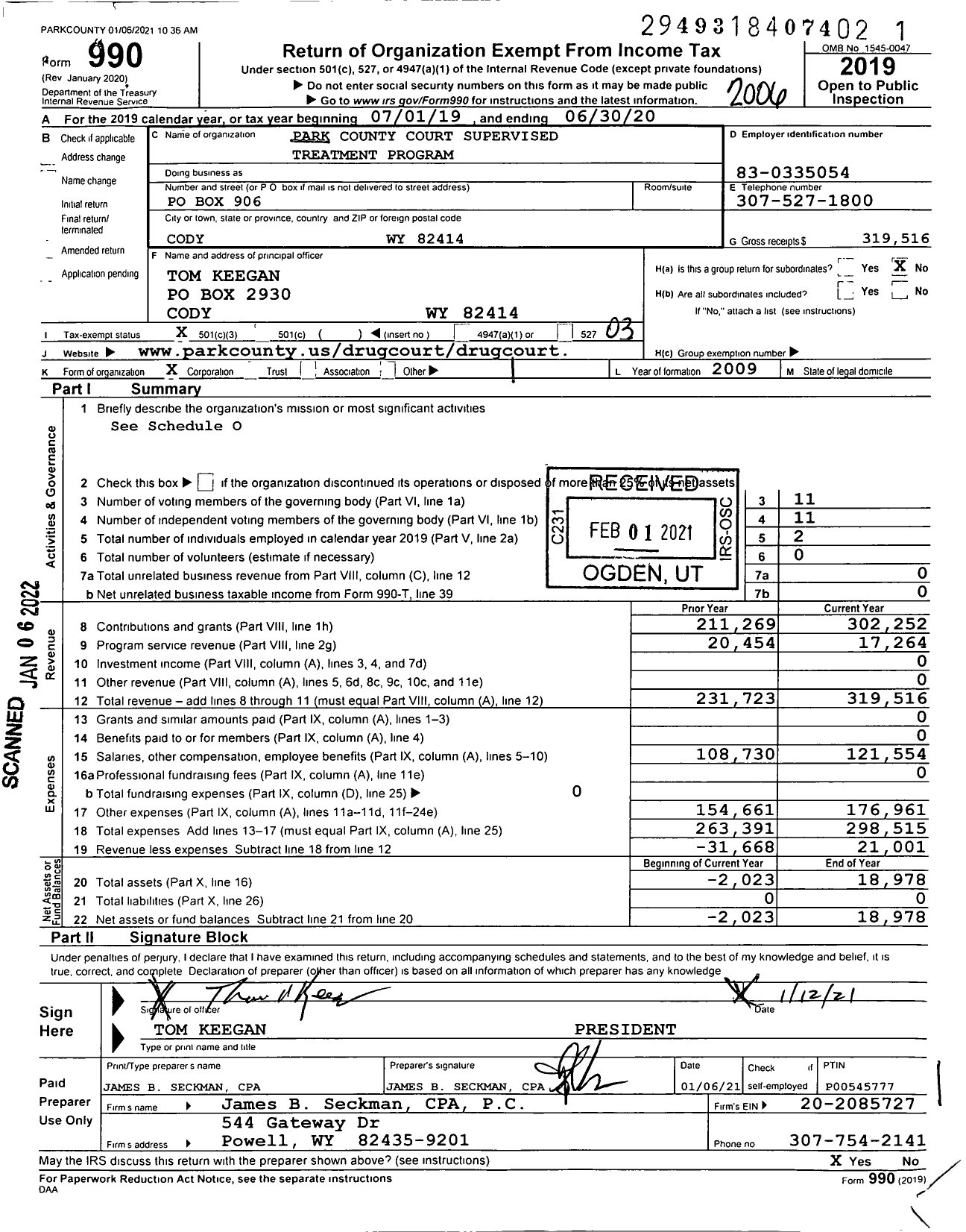 Image of first page of 2019 Form 990 for Park County Court Supervised Treatment Program