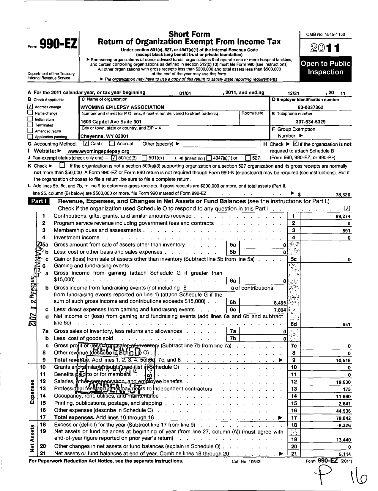 Image of first page of 2011 Form 990EZ for Wyoming Epilepsy Association