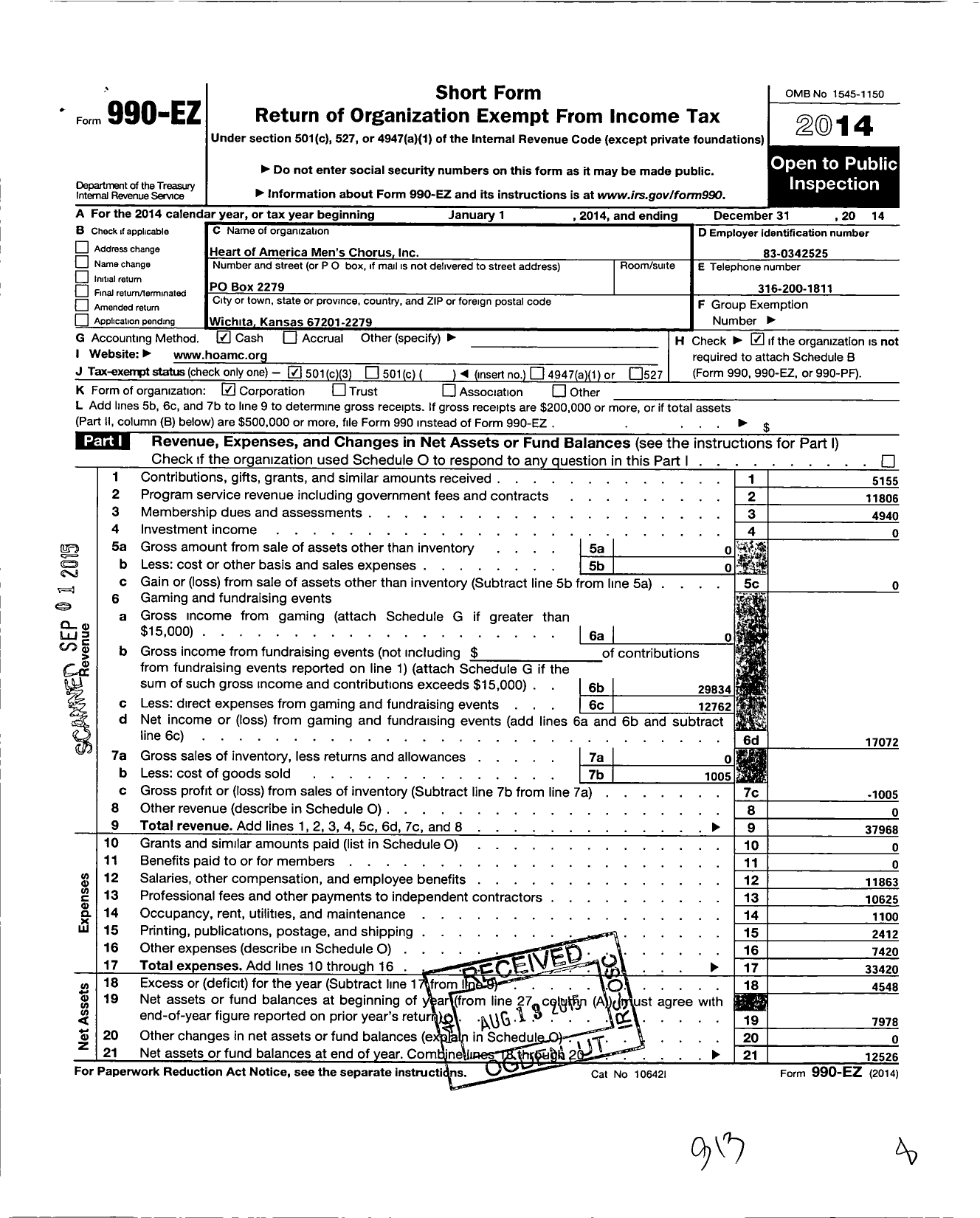 Image of first page of 2014 Form 990EZ for Heart of America Mens Chorus