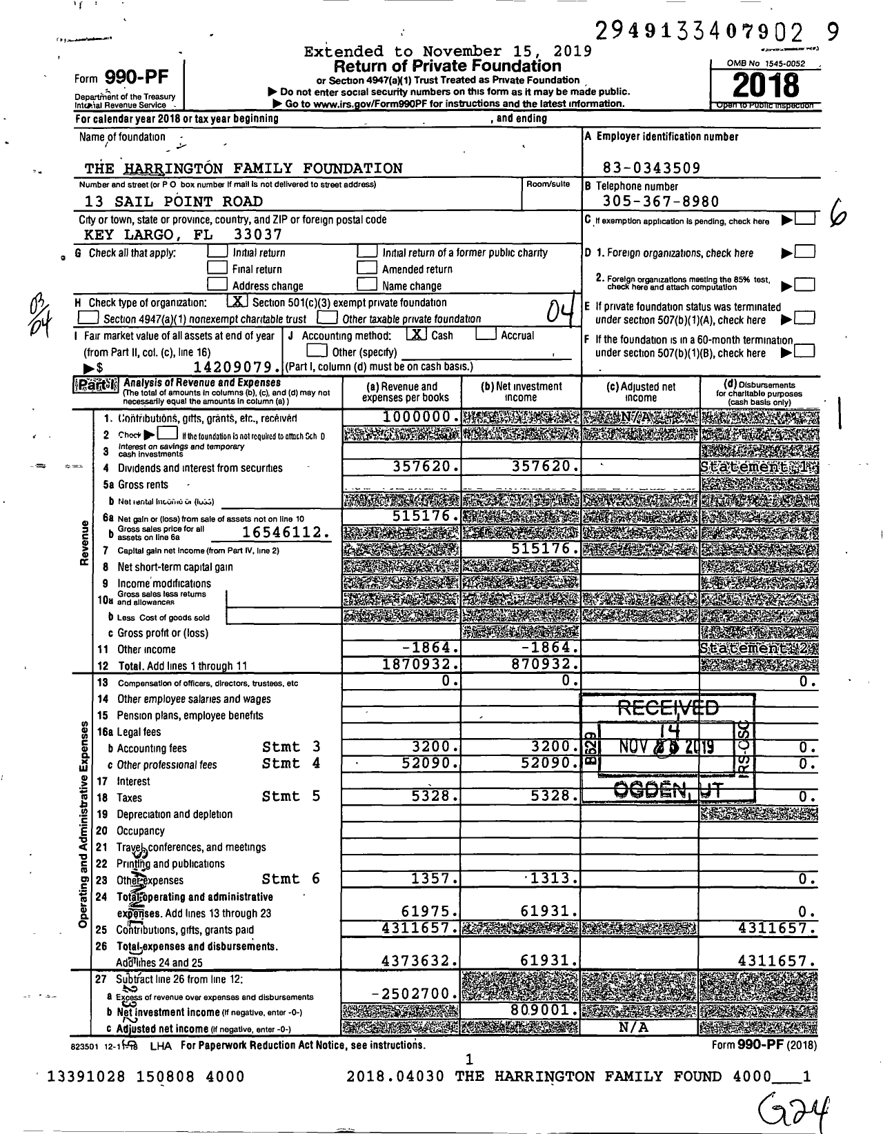 Image of first page of 2018 Form 990PF for The Harrington Family Foundation