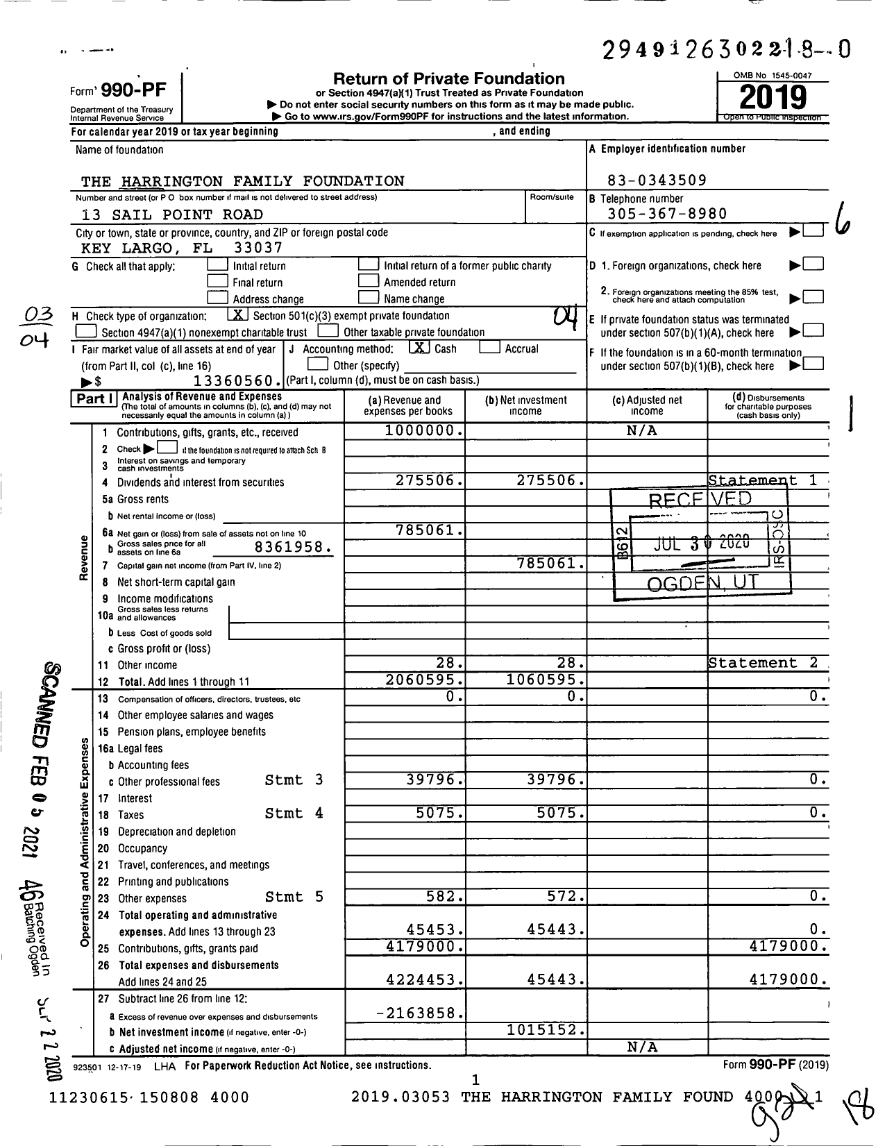 Image of first page of 2019 Form 990PF for The Harrington Family Foundation