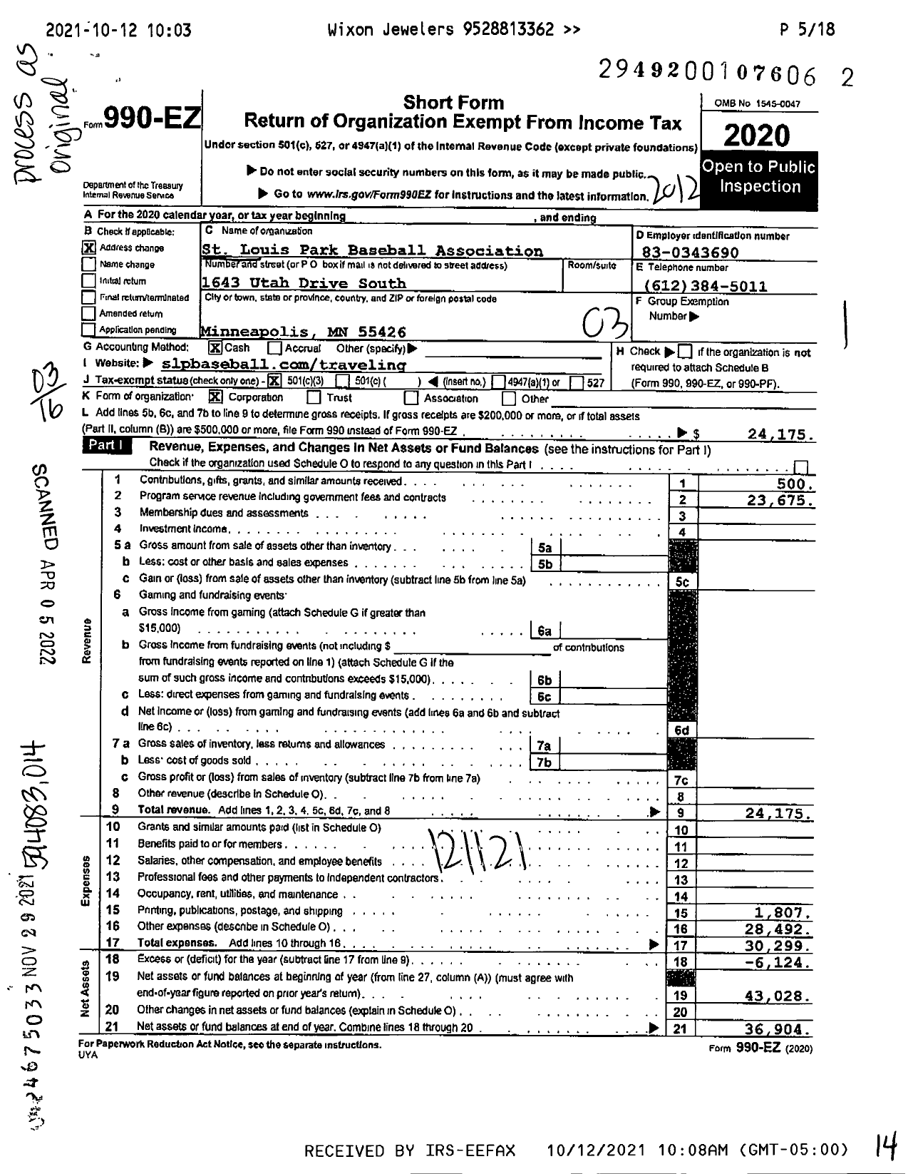 Image of first page of 2020 Form 990EZ for St Louis Park Baseball Association