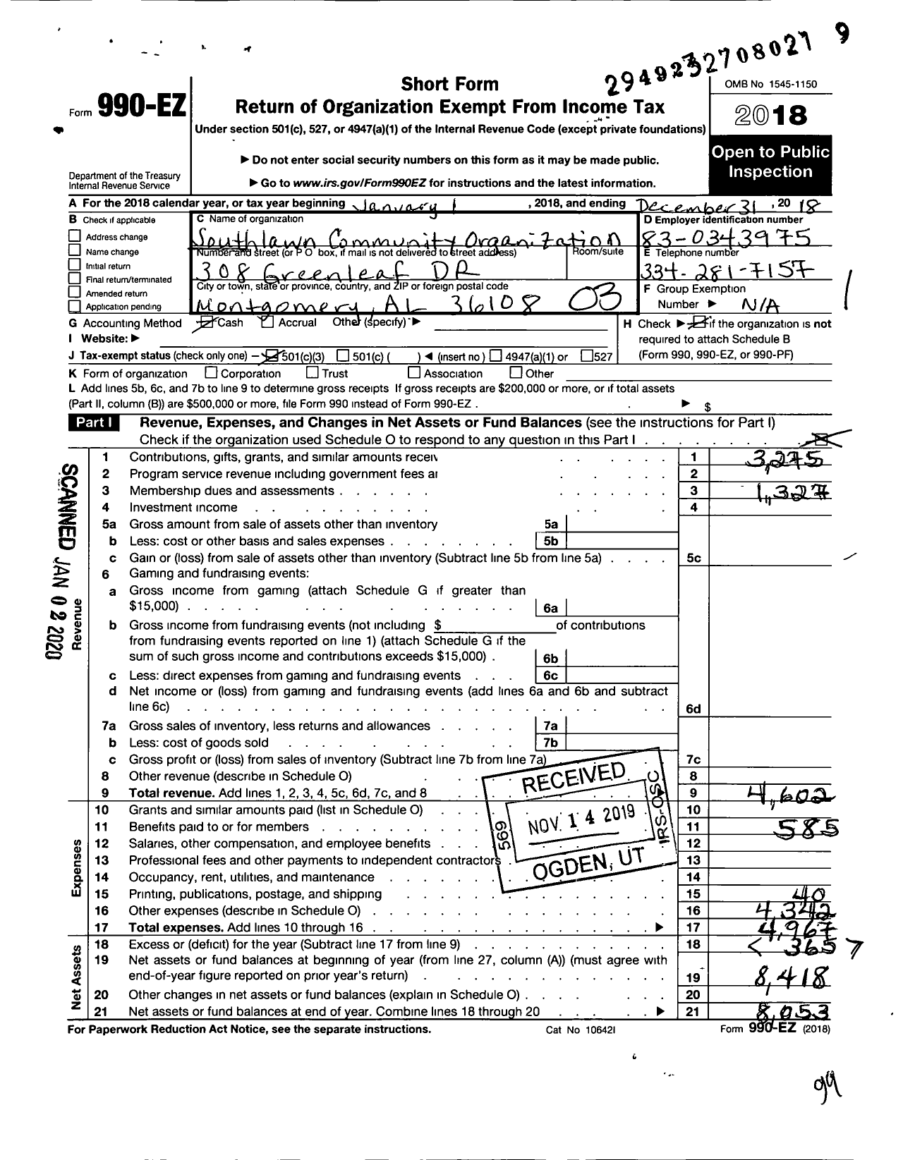 Image of first page of 2018 Form 990EZ for Southlawn Community Organization