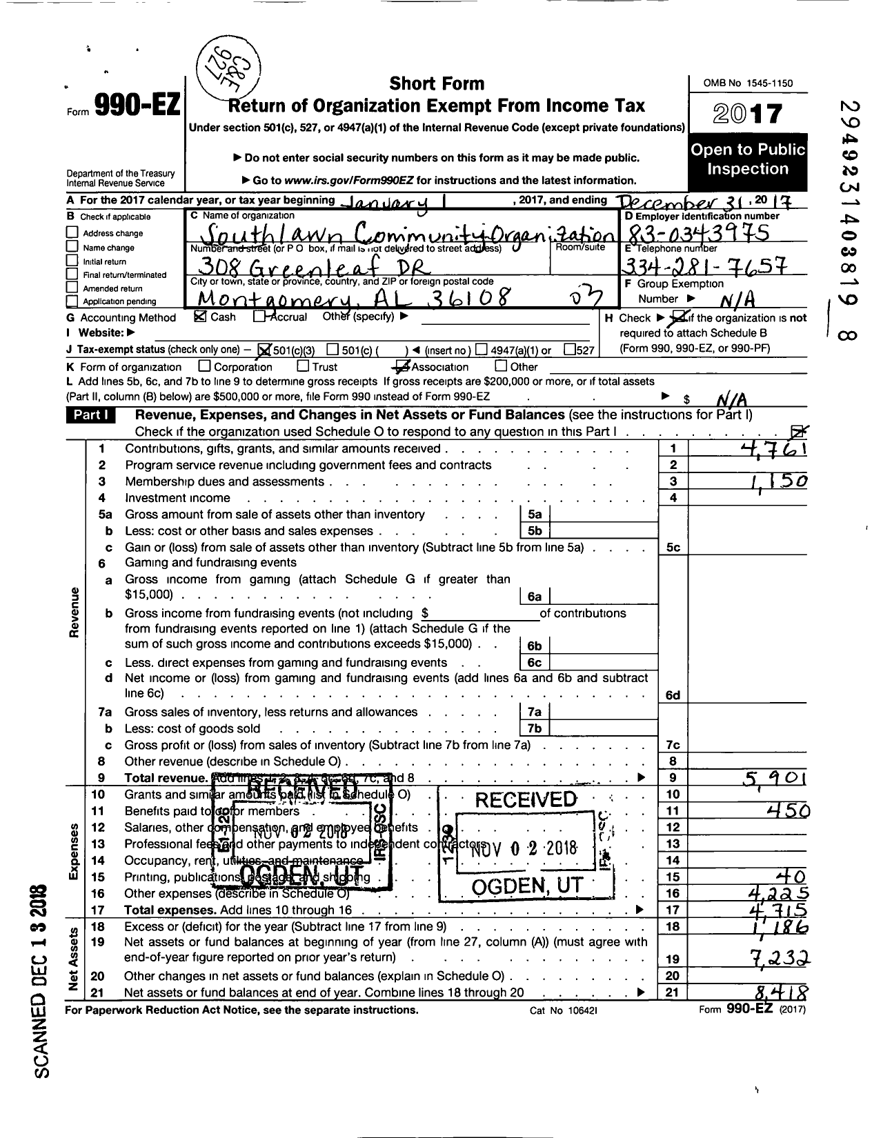 Image of first page of 2017 Form 990EZ for Southlawn Community Organization