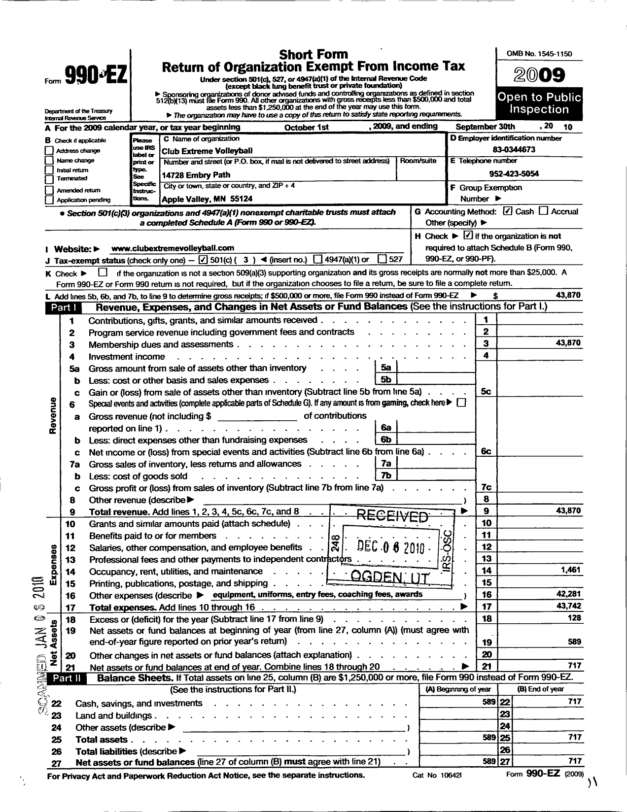 Image of first page of 2009 Form 990EZ for Prior Lake Extreme Volleyball Club