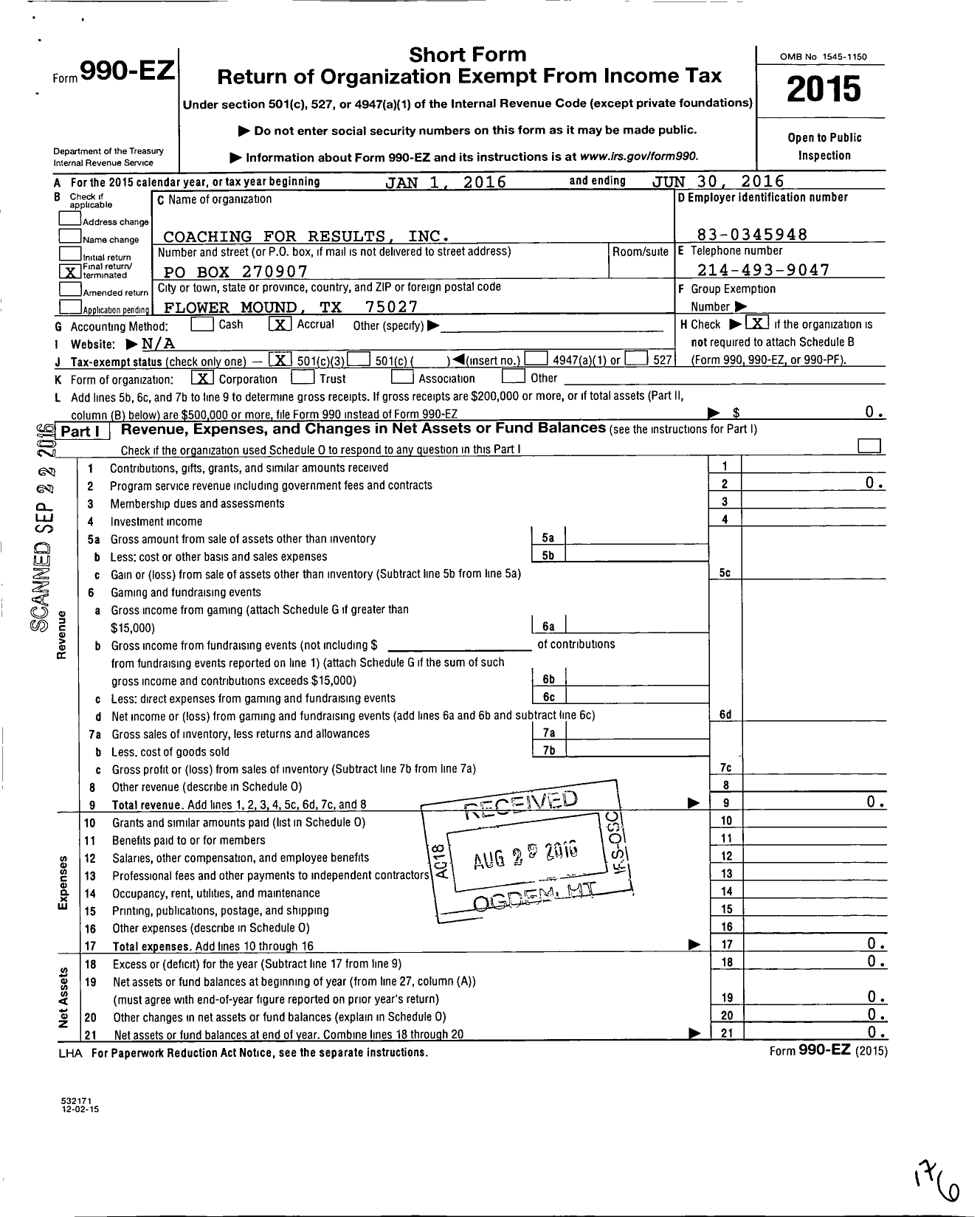 Image of first page of 2015 Form 990EZ for Coaching for Results