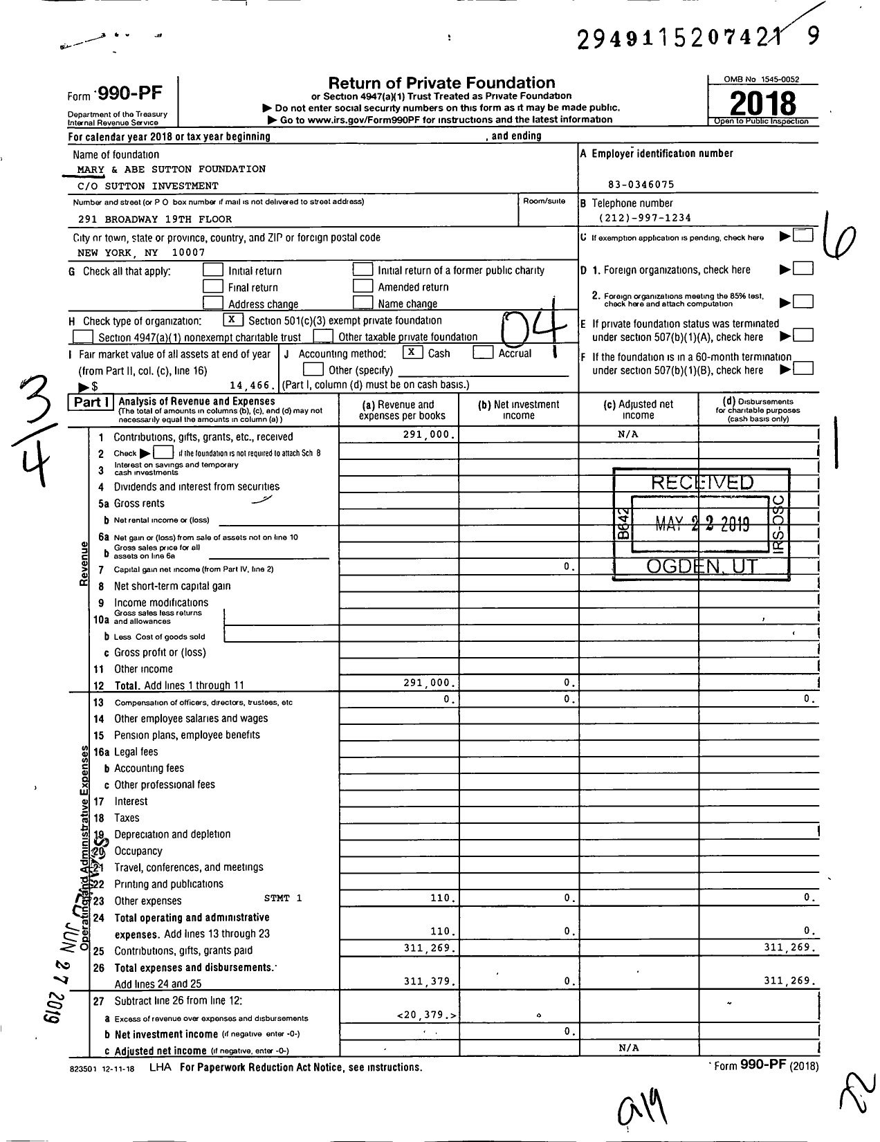 Image of first page of 2018 Form 990PF for Mary and Abe Sutton Foundation