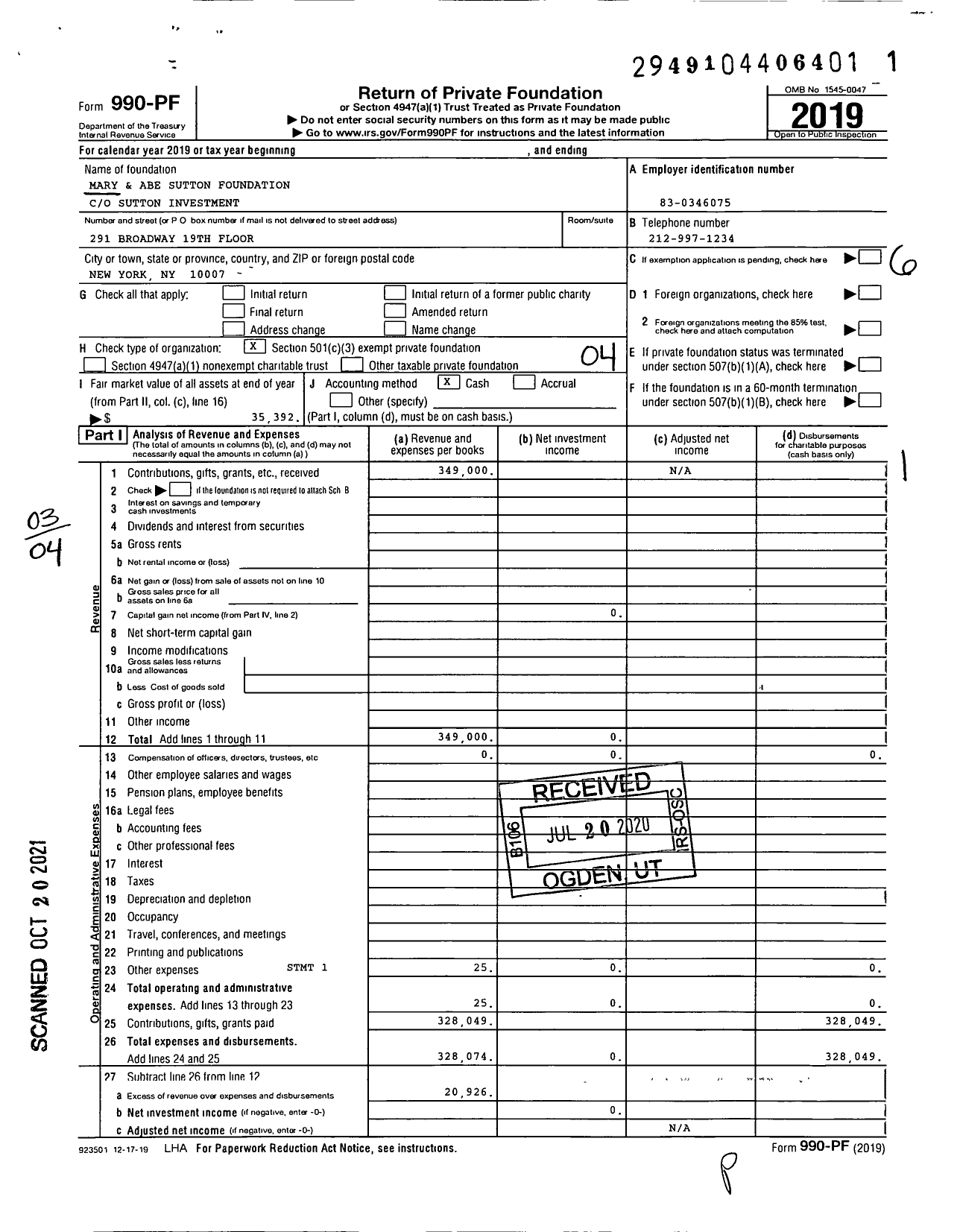 Image of first page of 2019 Form 990PF for Mary and Abe Sutton Foundation