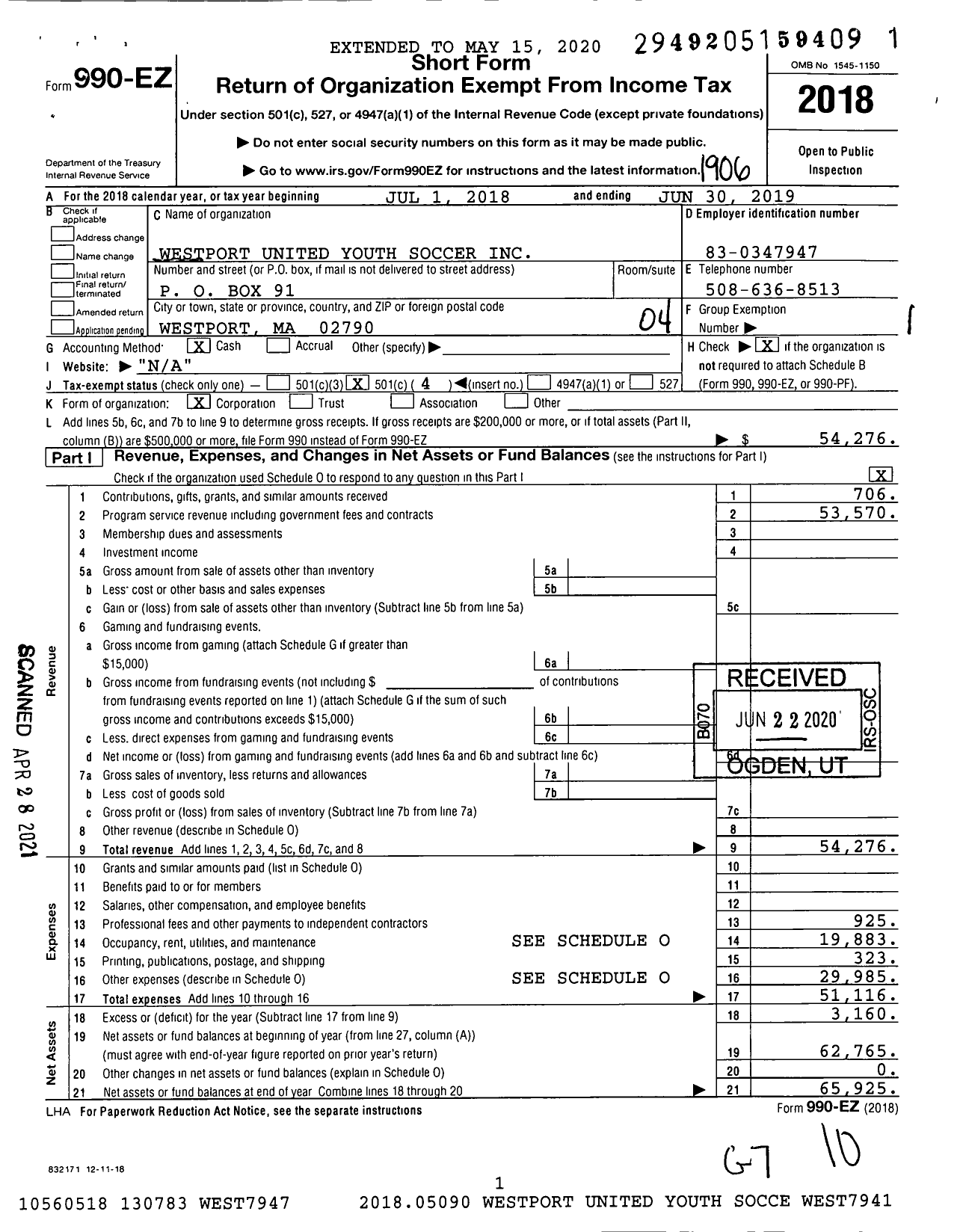 Image of first page of 2018 Form 990EO for Westport United Youth Soccer