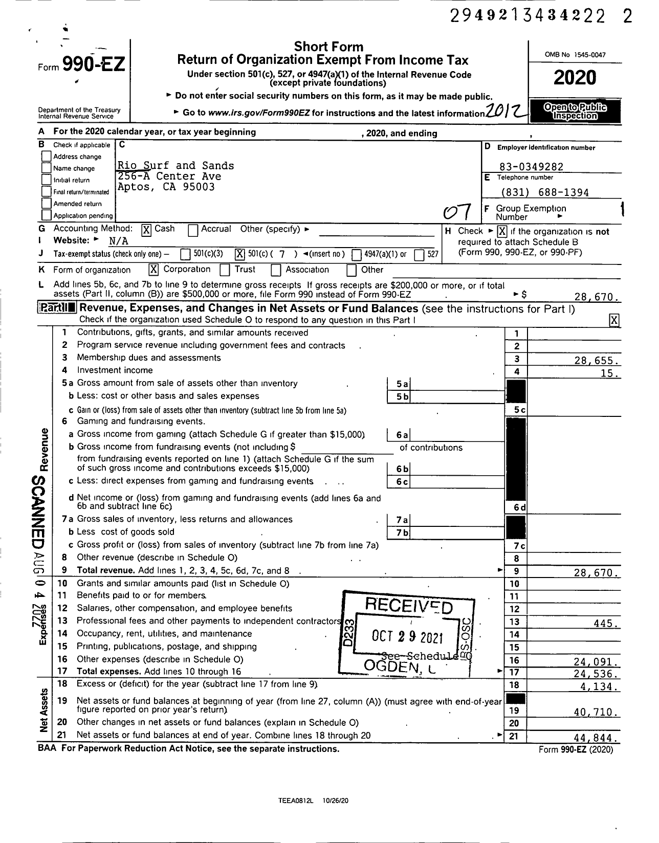 Image of first page of 2020 Form 990EO for Rio Surf And Sands