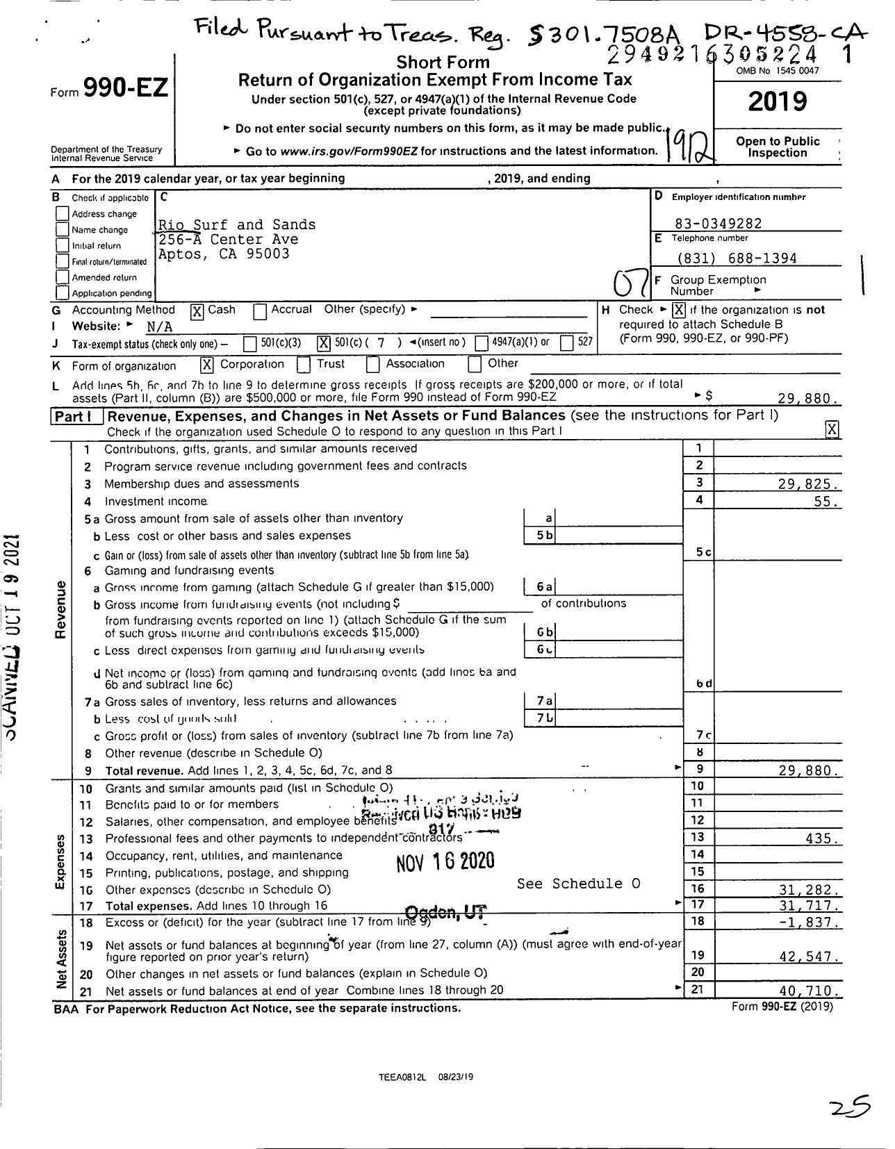 Image of first page of 2019 Form 990EO for Rio Surf And Sands