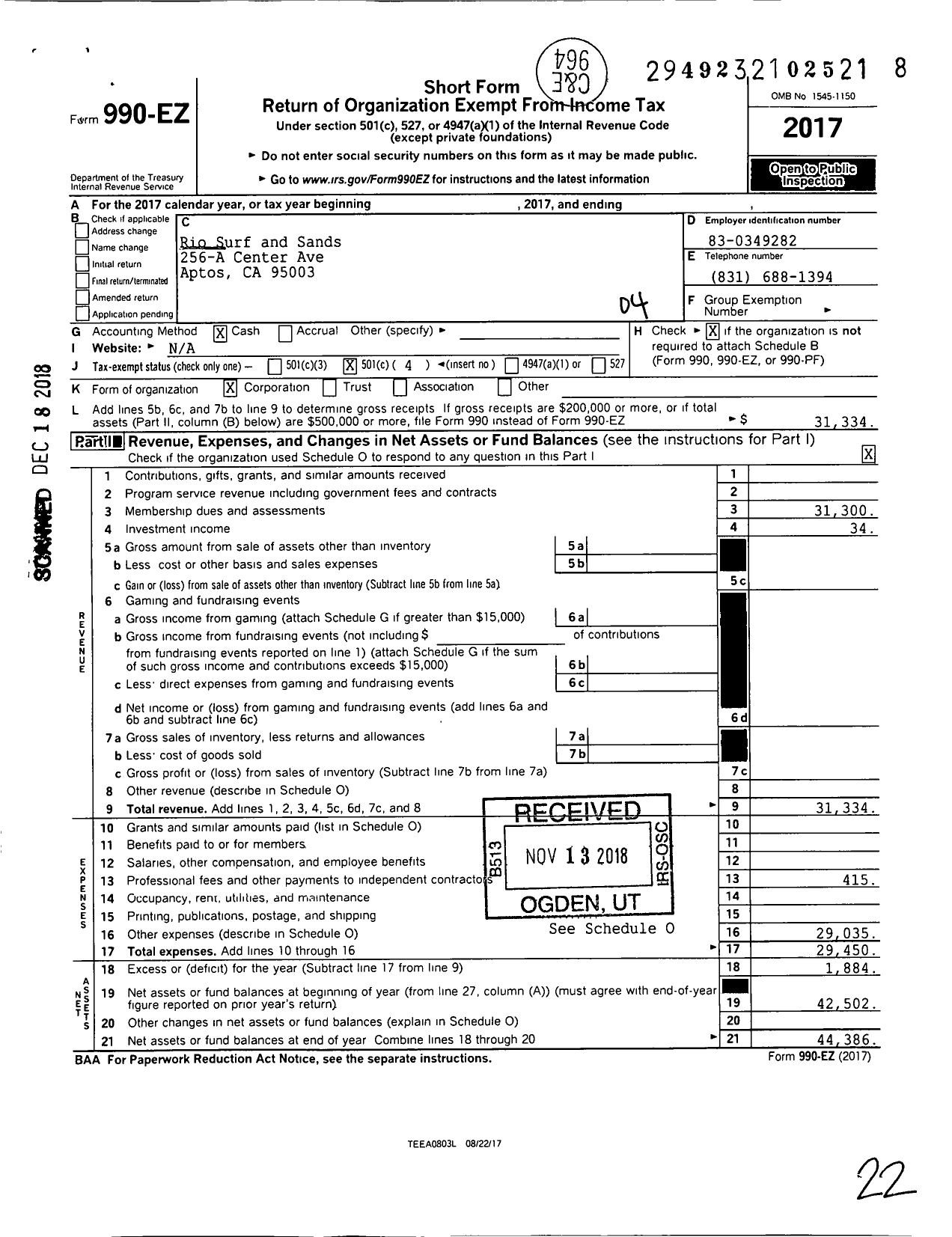 Image of first page of 2017 Form 990EO for Rio Surf And Sands