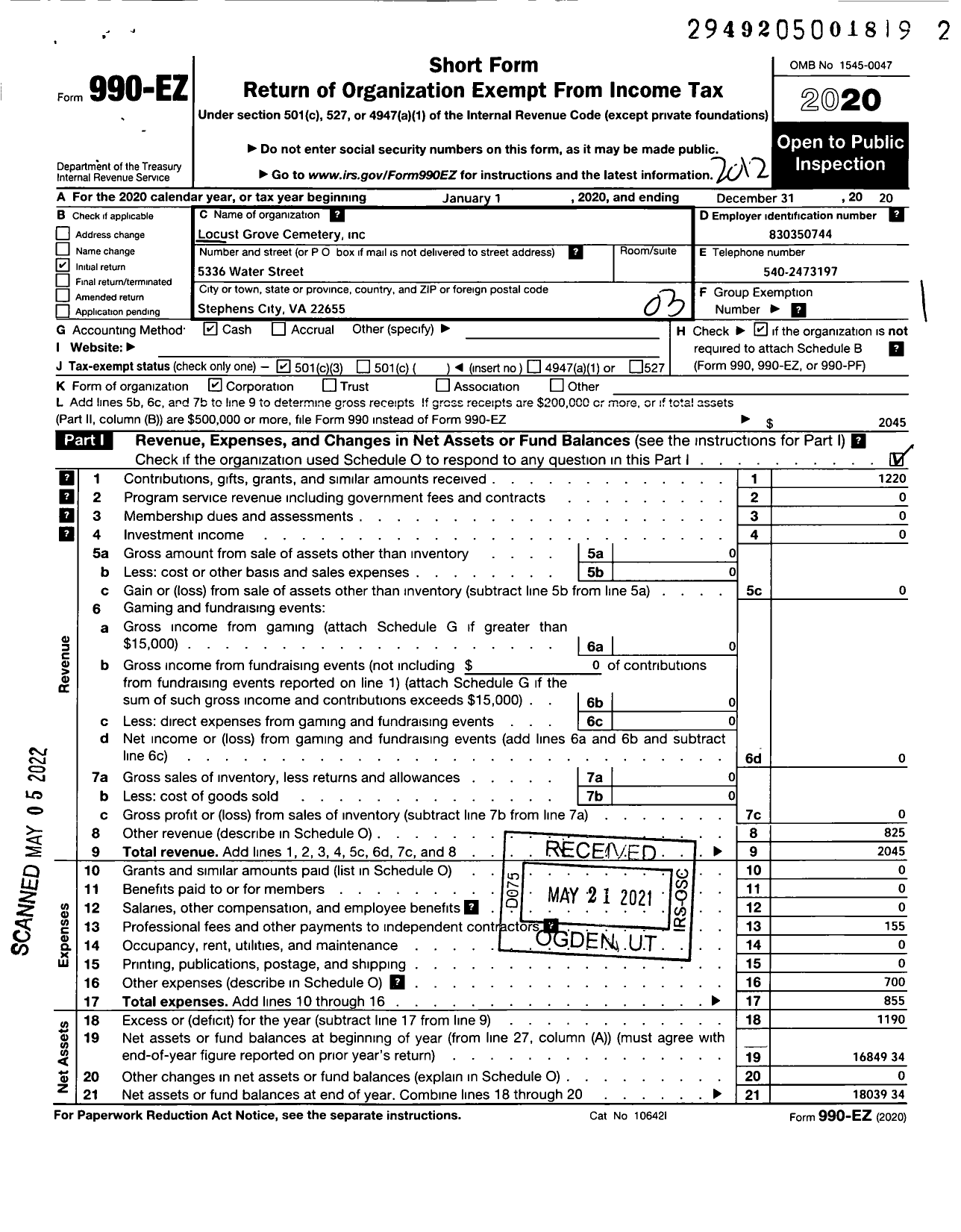 Image of first page of 2020 Form 990EZ for Locust Grove Cemetary