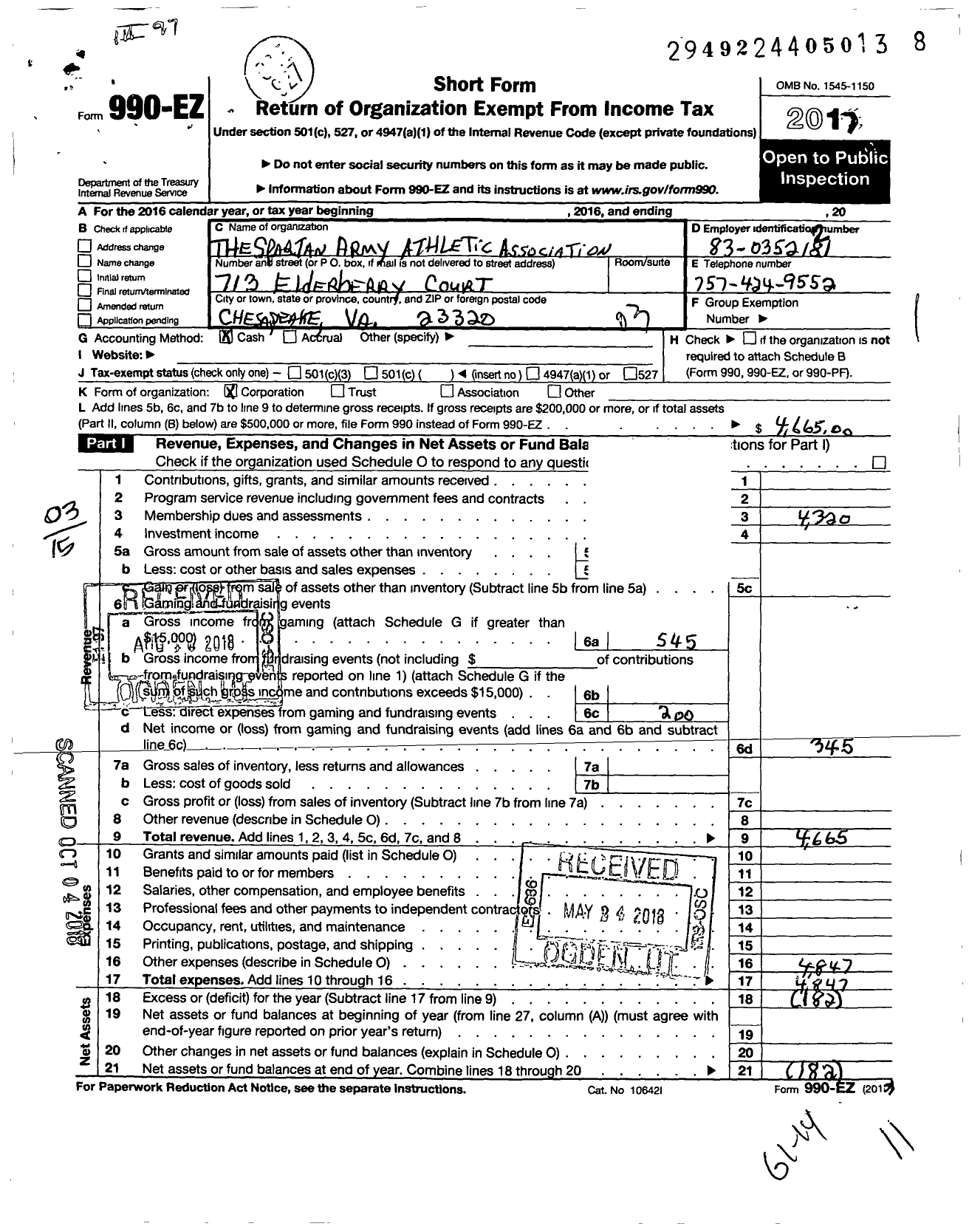 Image of first page of 2017 Form 990EZ for Spartan Army Athletic Association