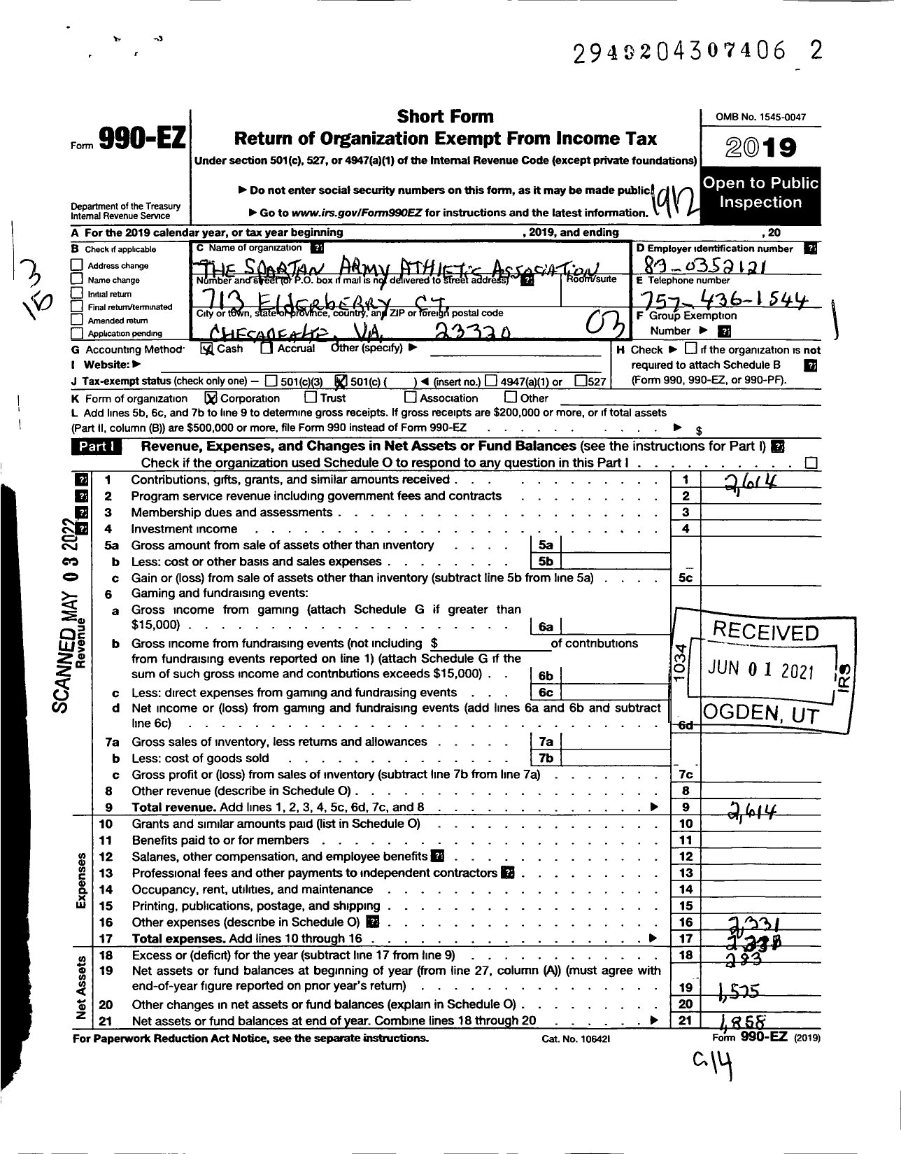 Image of first page of 2019 Form 990EZ for Spartan Army Athletic Association