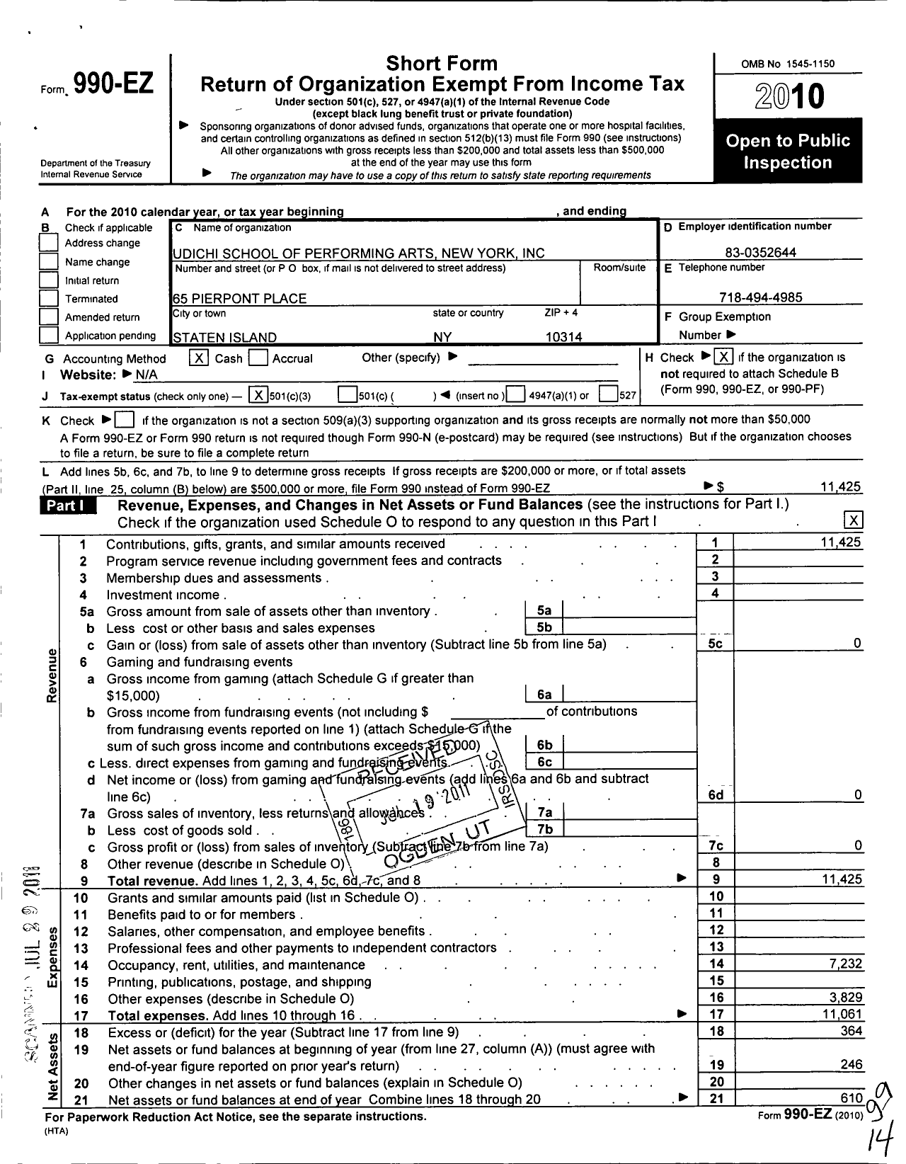 Image of first page of 2010 Form 990EZ for Udichi School of Performing Arts New York